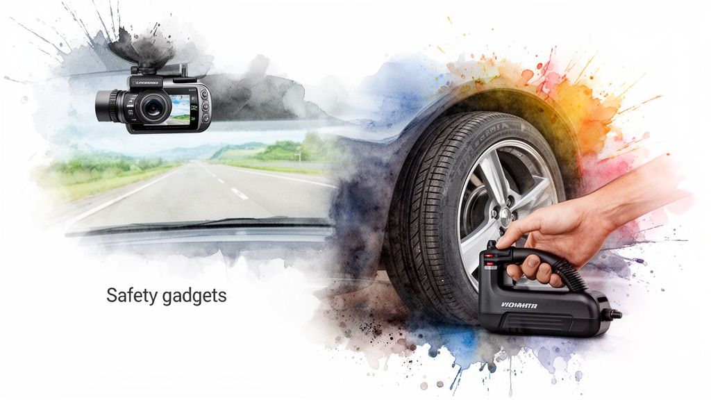 Dash cam recording a road view and a hand inflating a car tire, illustrating car safety gadgets.