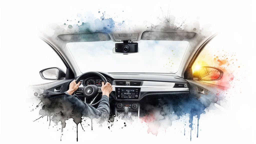 Artistic view of a car interior with a driver's hands, a dash cam, and vibrant colors.