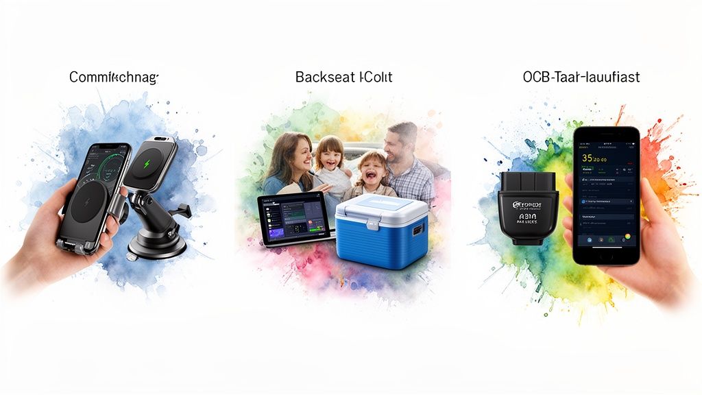 Smart car accessories including wireless charging phone mounts, a portable cooler with a family, and a car diagnostic device.