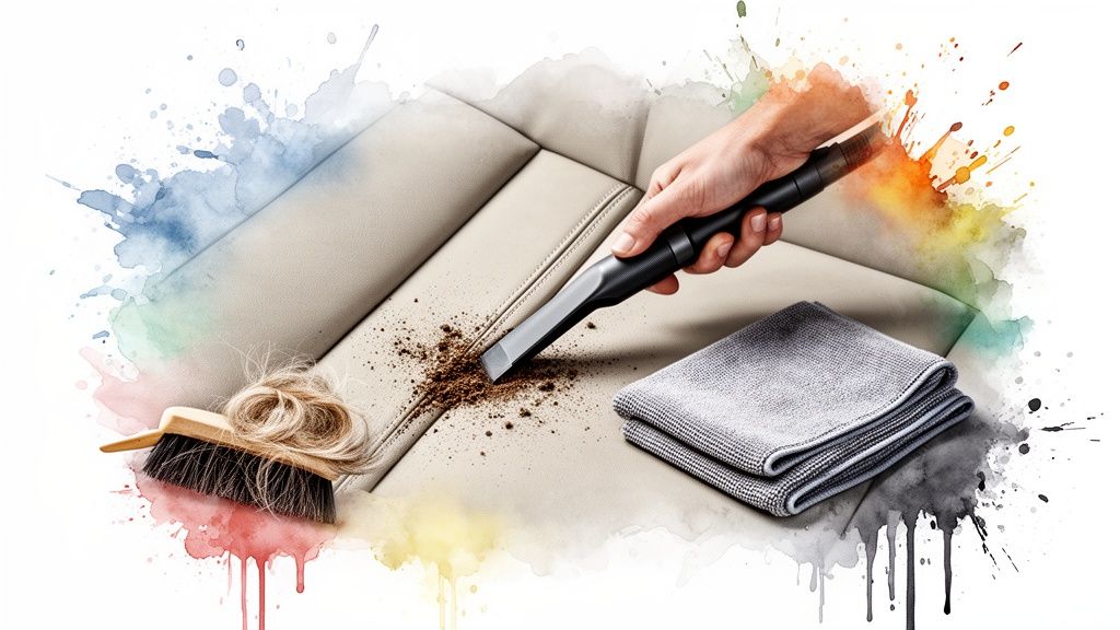 A hand vacuuming dirt and hair from a beige car seat, with a cleaning cloth and brush.