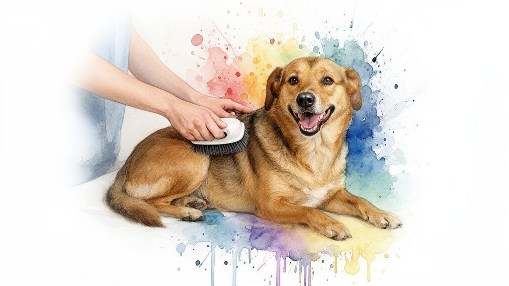 A person gently brushes a happy, golden-brown dog, surrounded by colorful watercolor splashes in an illustration.