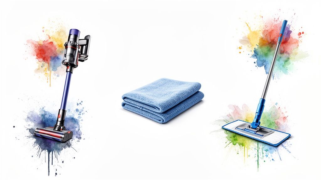 A vibrant image of cleaning supplies: a purple stick vacuum cleaner, blue microfiber cloths, and a flat mop.