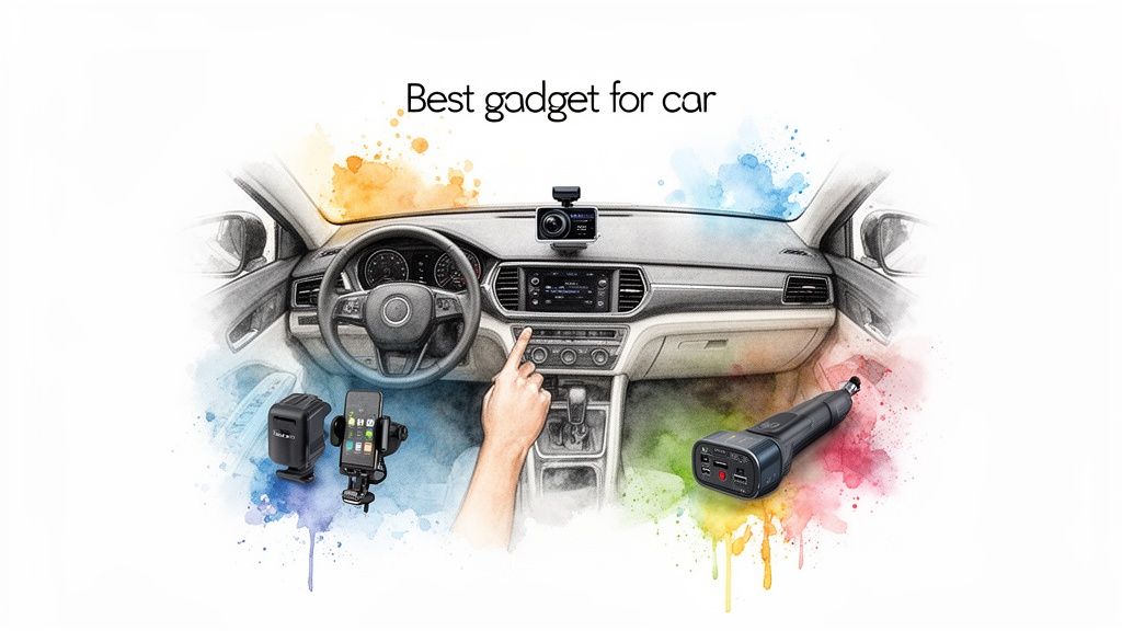 Car interior with various gadgets including a dashcam, phone mount, and multi-port car charger.