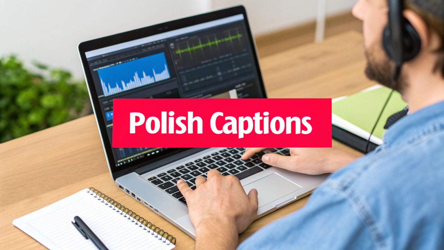 Person wearing headphones working on audio editing software with waveforms on laptop screen