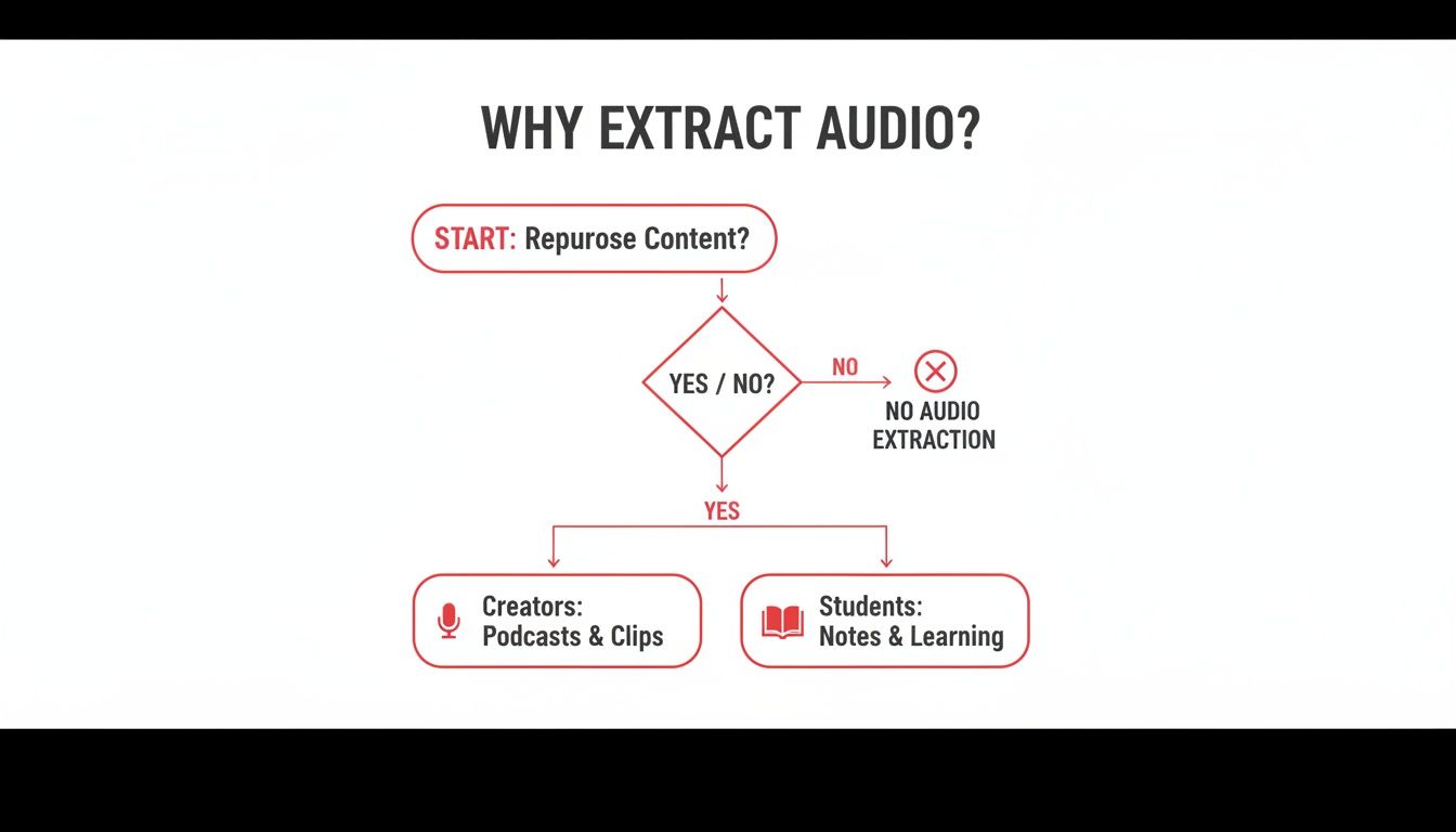 A flowchart titled 'Why Extract Audio?' illustrates the benefits of audio extraction for creators and students.