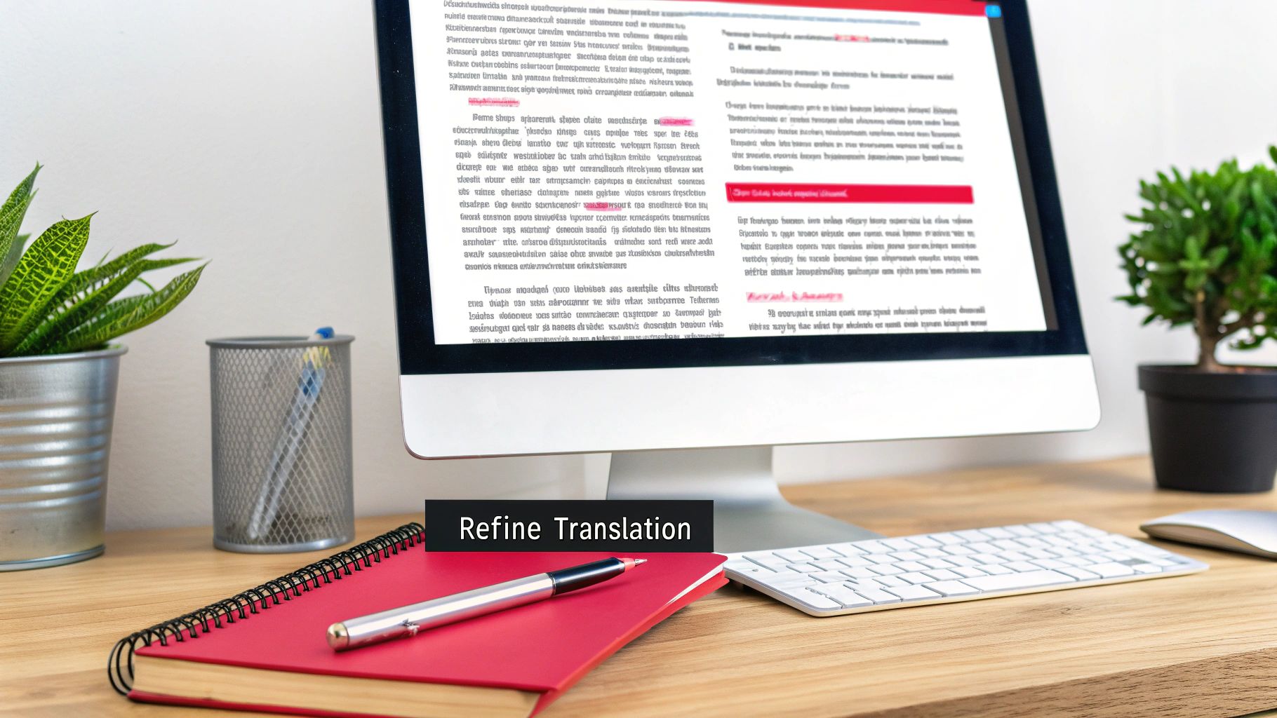 A modern desk setup with a computer showing a document, a 'Refine Translation' button, and a notebook.