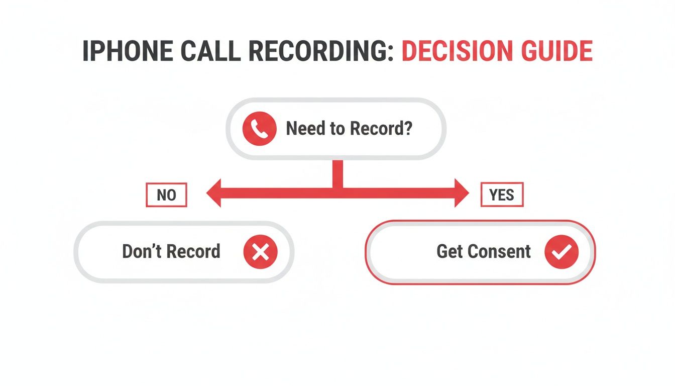 Flowchart detailing the decision process for iPhone call recording, emphasizing consent.