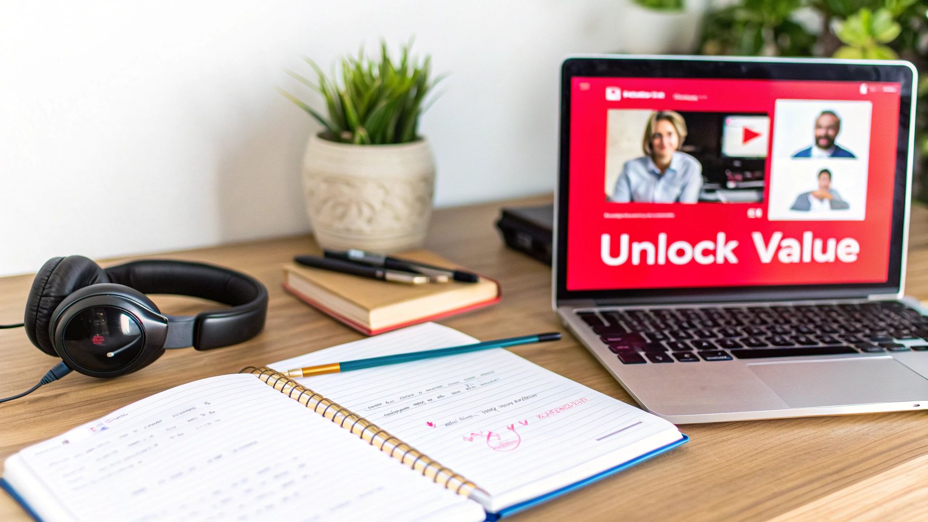 Desk setup with a laptop showing 'Unlock Value' on a video call, headphones, and notebook.