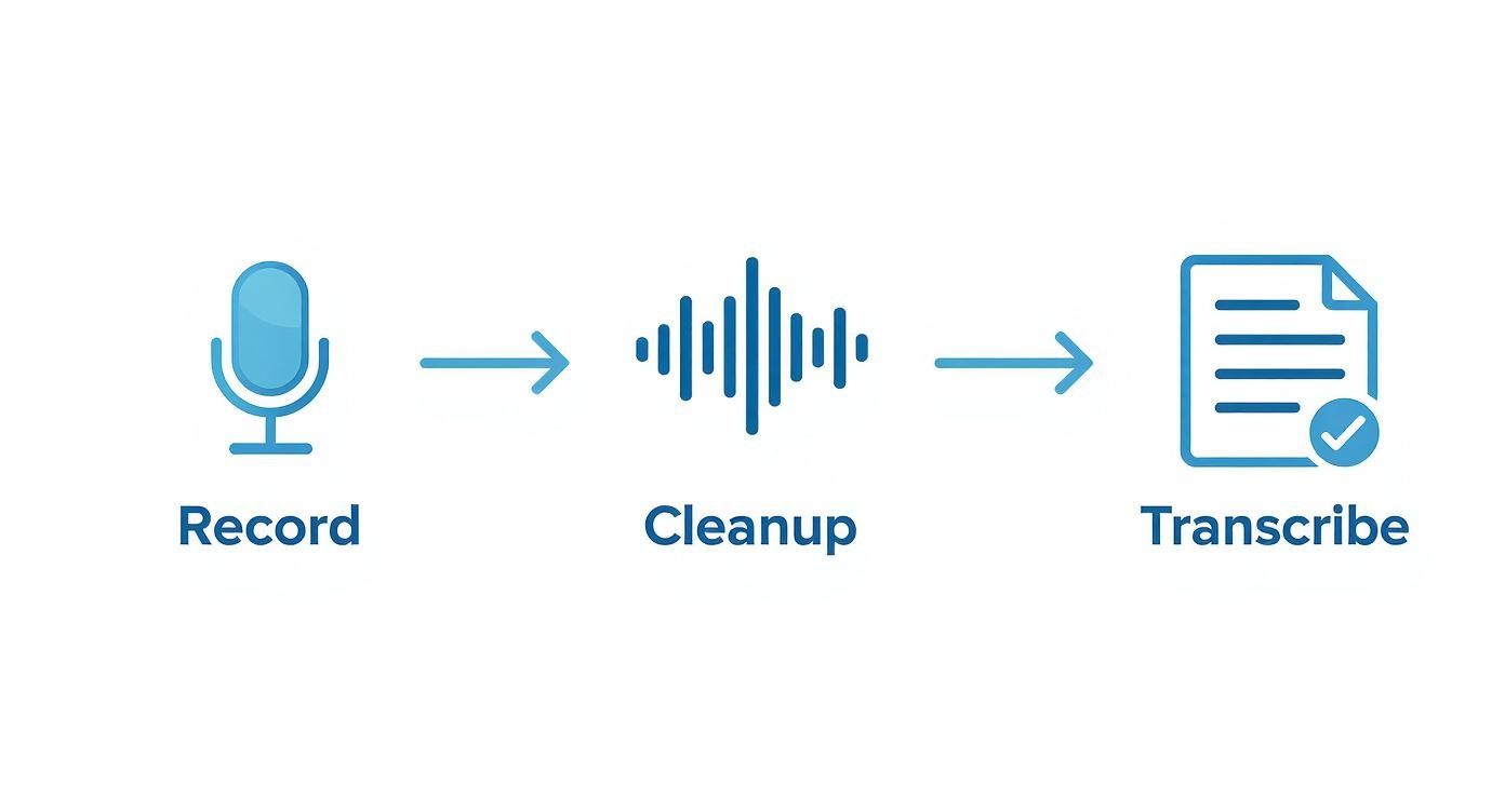 Three-step audio transcription process showing record, cleanup, and transcribe stages with icons