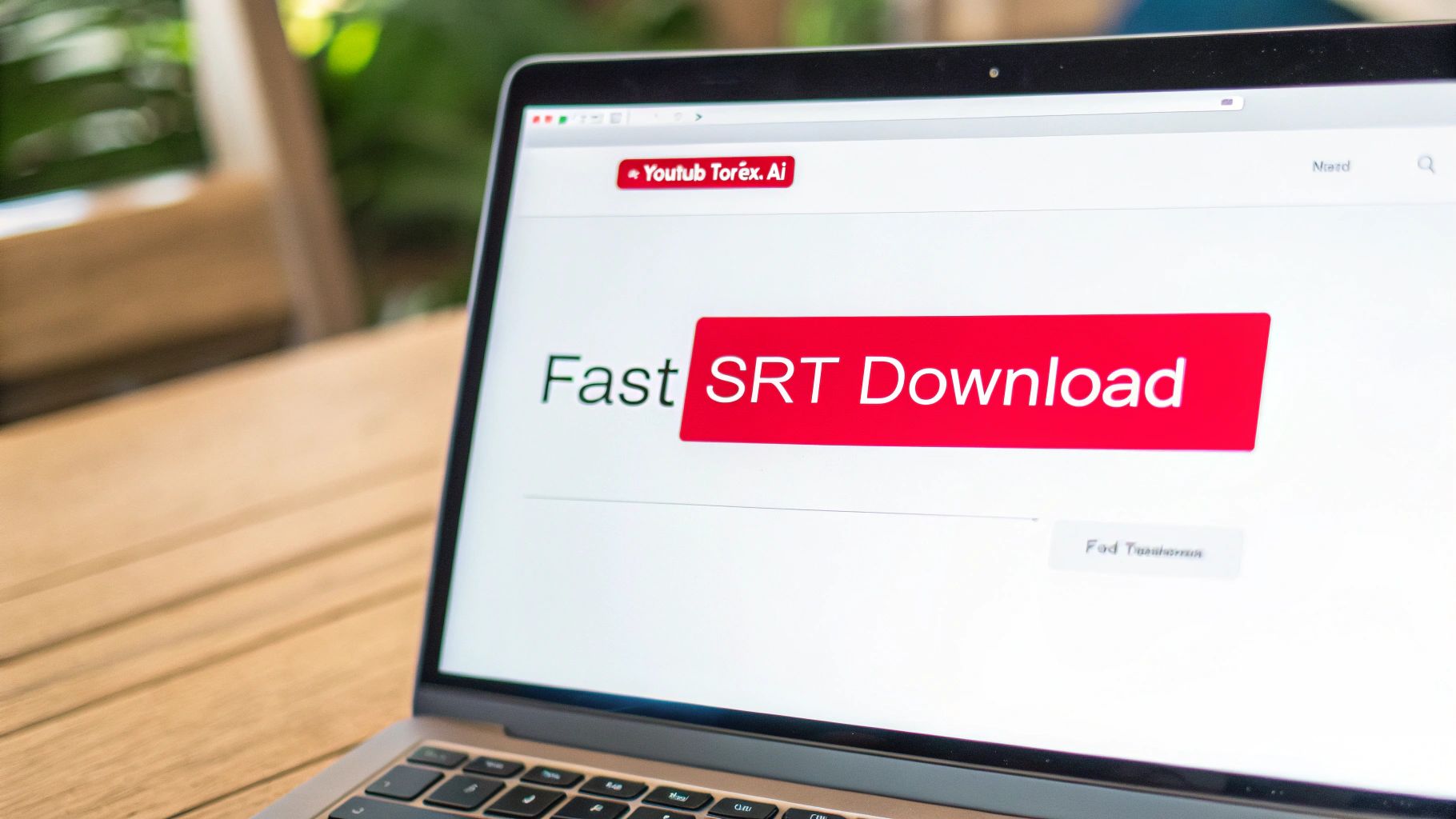 A laptop screen displaying a website with 'Fast SRT Download' highlighted, likely for Youtube subtitles.