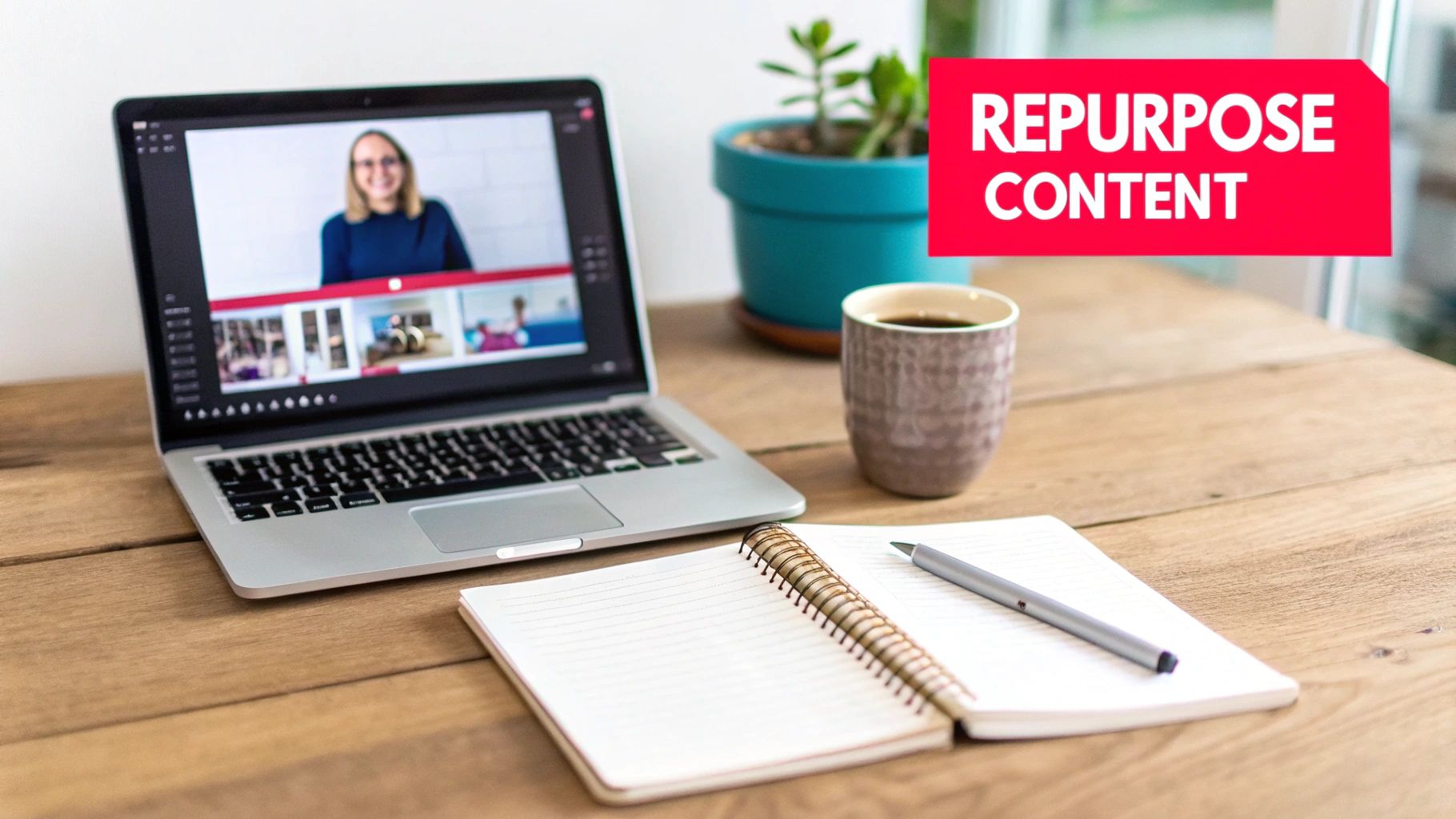 Laptop displaying a video call, coffee, notebook, and a red 'REPURPOSE CONTENT' banner on a wooden table.