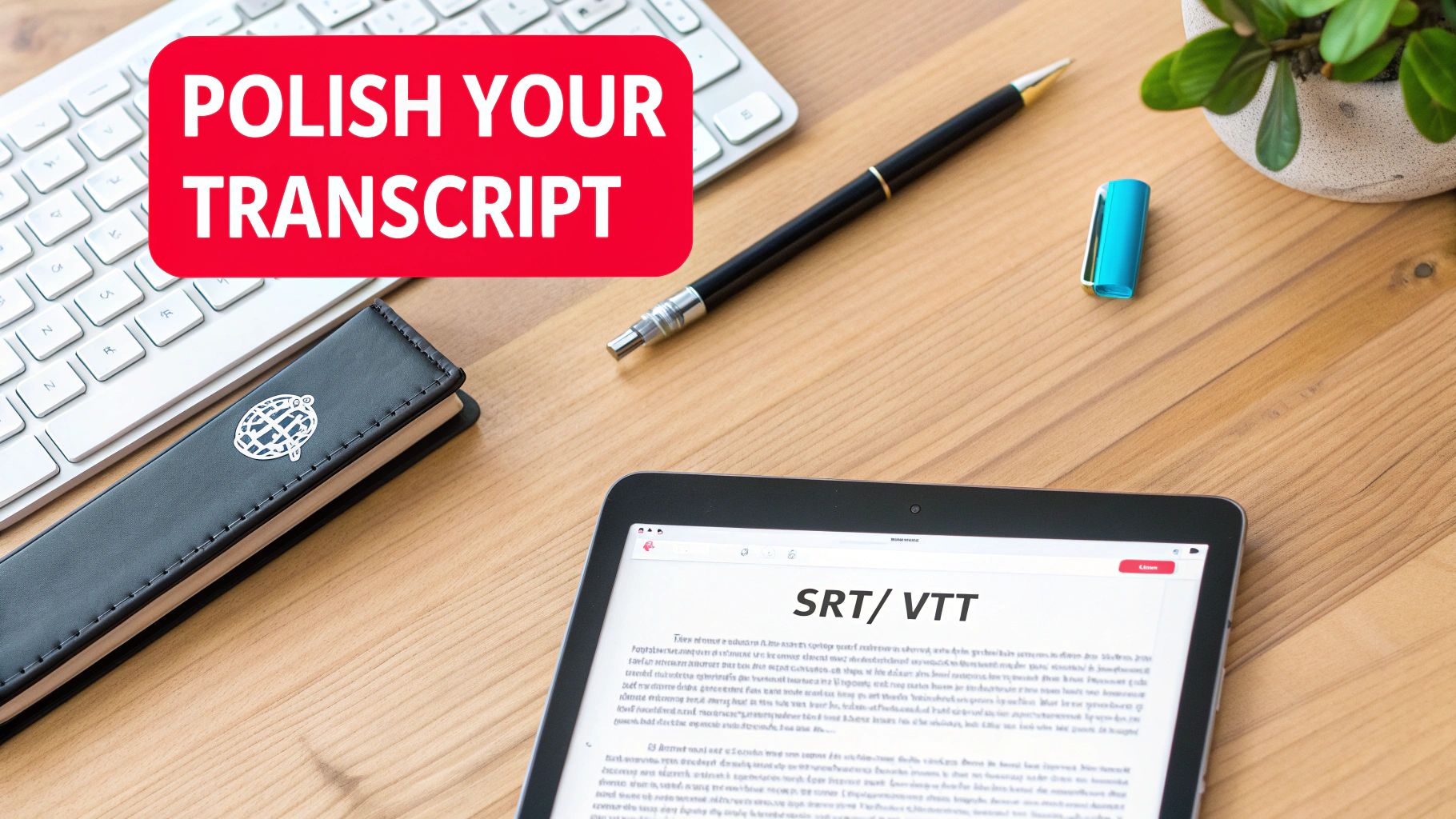 A desk setup with a keyboard, notebook, pen, and tablet displaying 'SRT/VTT' and 'POLISH YOUR TRANSCRIPT' overlay.