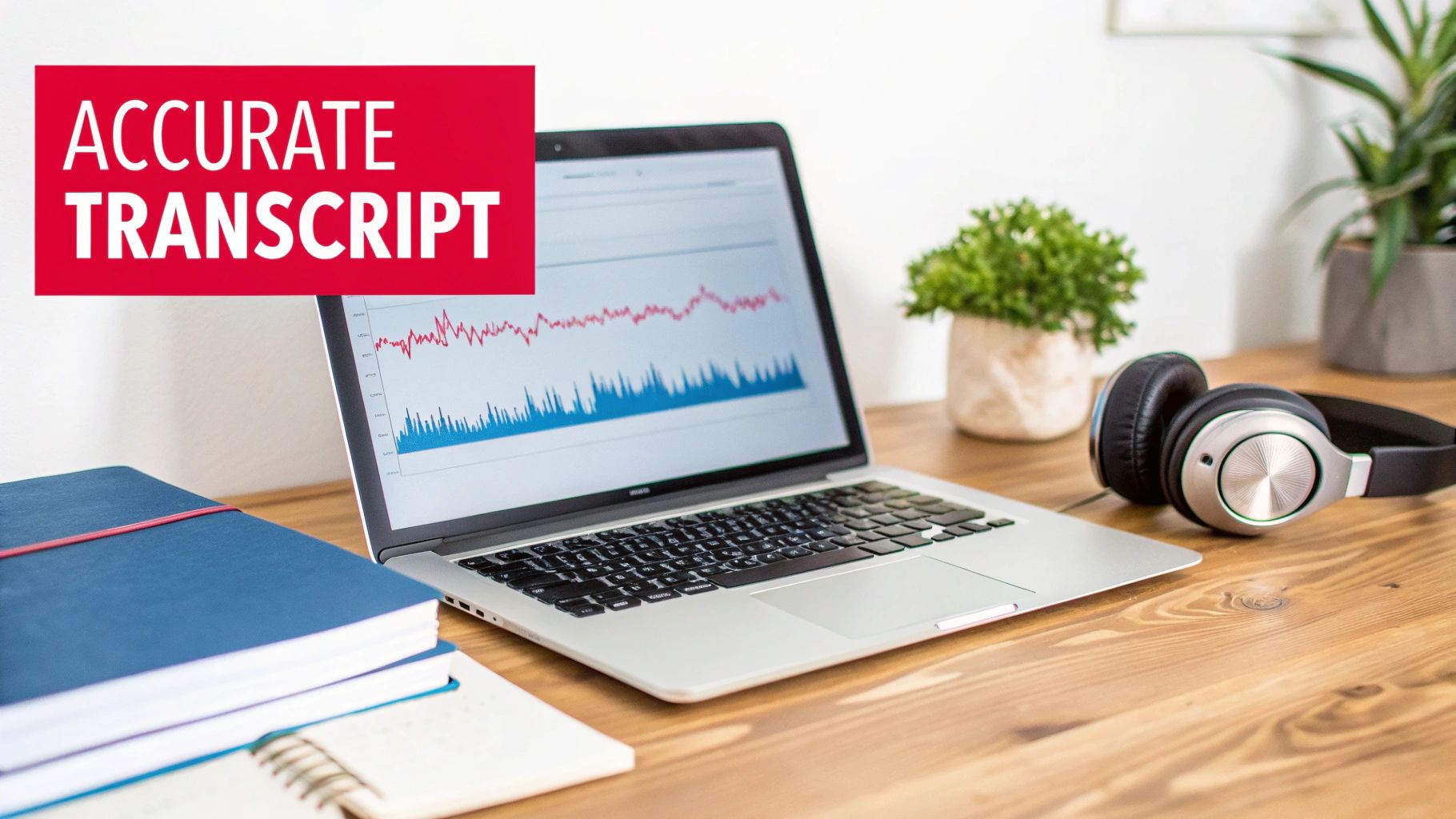 A desk with a laptop showing graphs, headphones, and notebooks, featuring 'ACCURATE TRANSCRIPT' text.