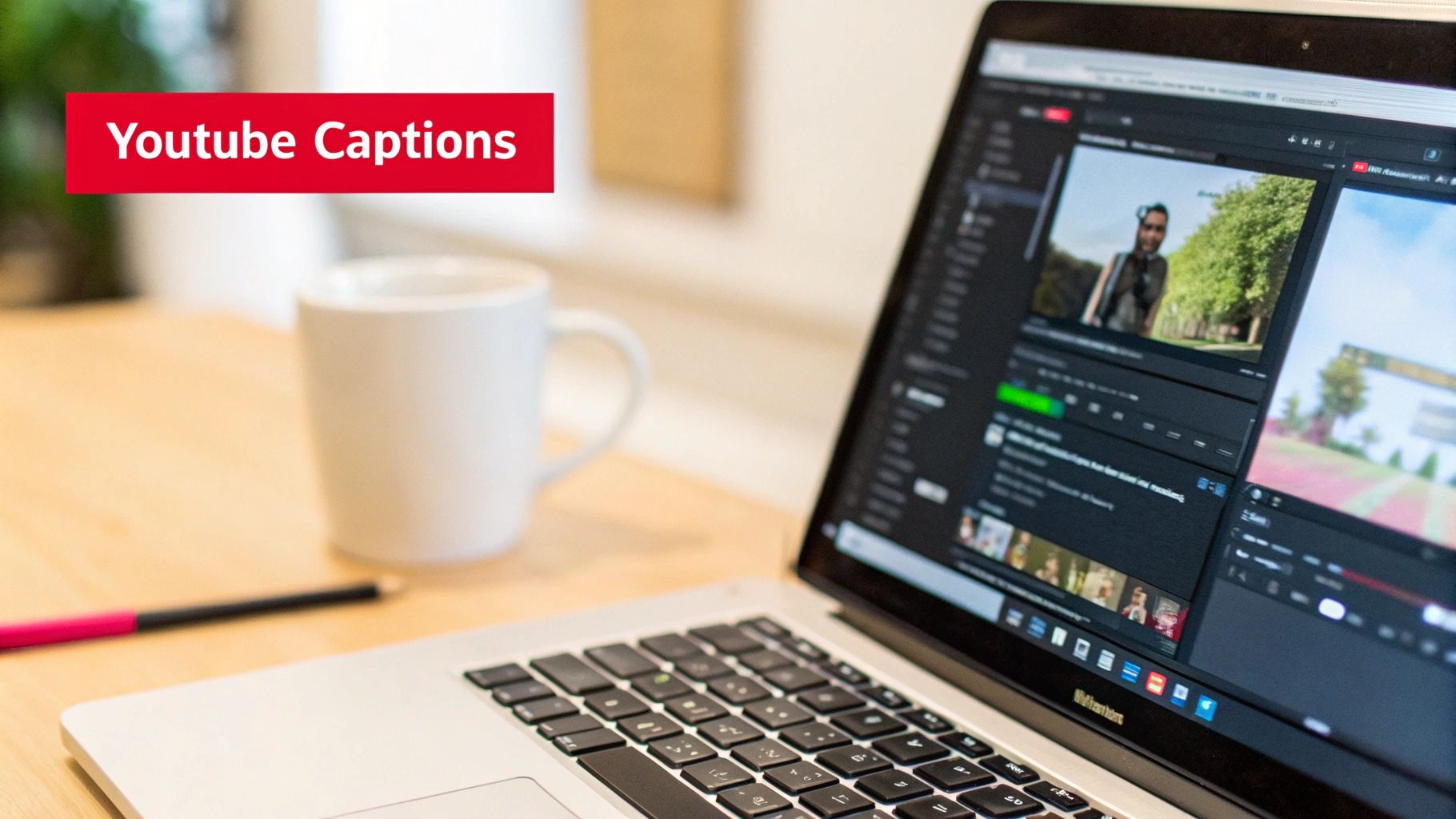 A laptop on a wooden desk displaying Youtube videos, next to a white mug and a pen. A red banner says "Youtube Captions".
