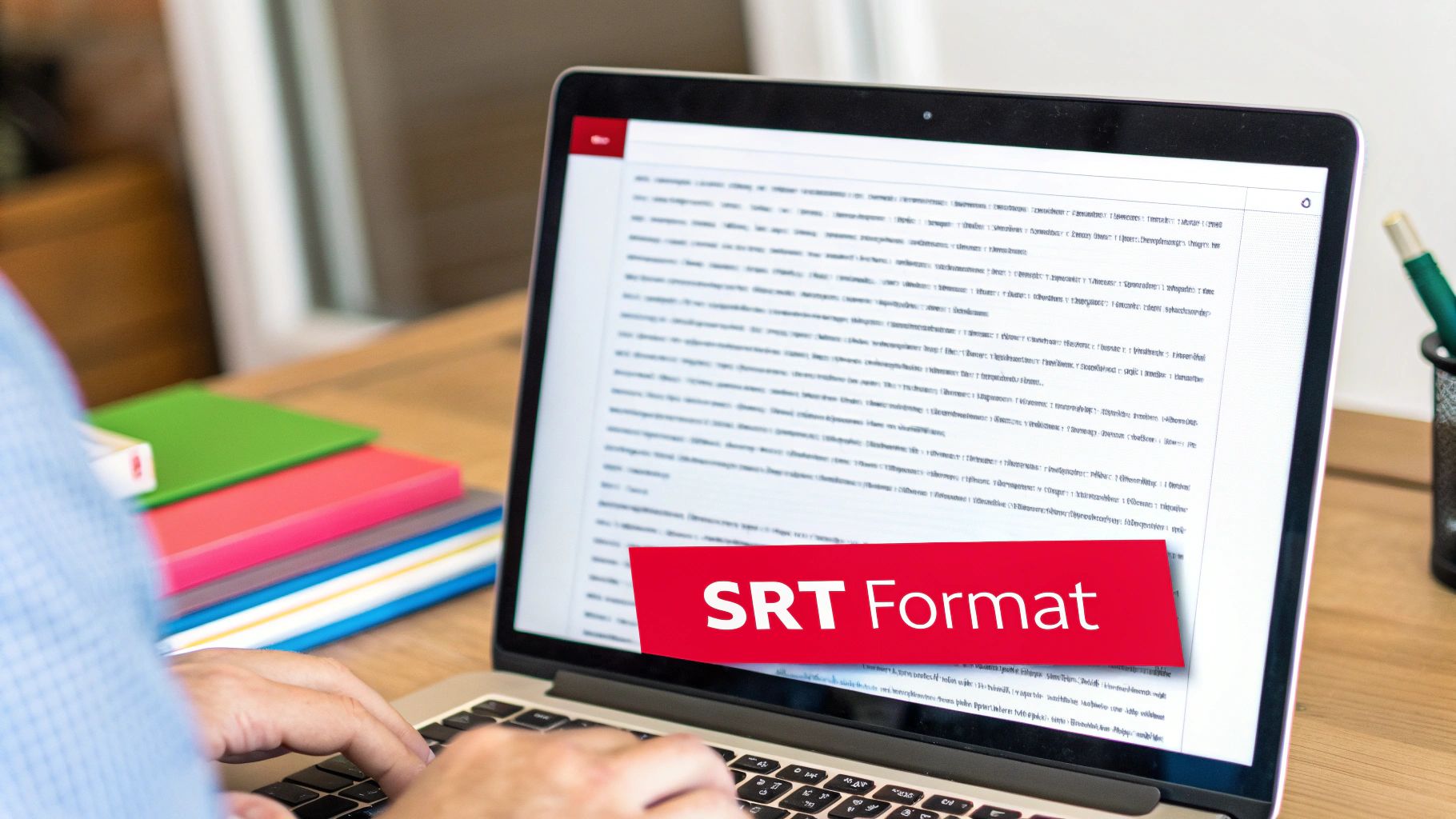 A person types on a laptop showing a text file, with a red banner displaying 'SRT Format'.