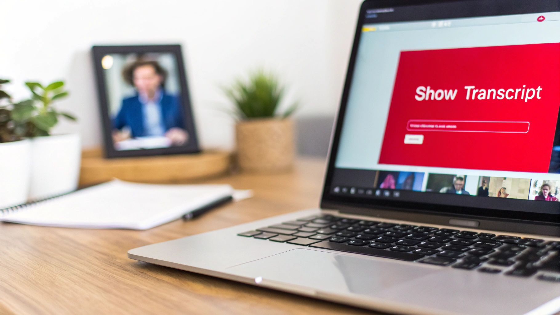 A laptop displays 'Show Transcript' on a red screen, with a notebook and plants on a wooden desk.