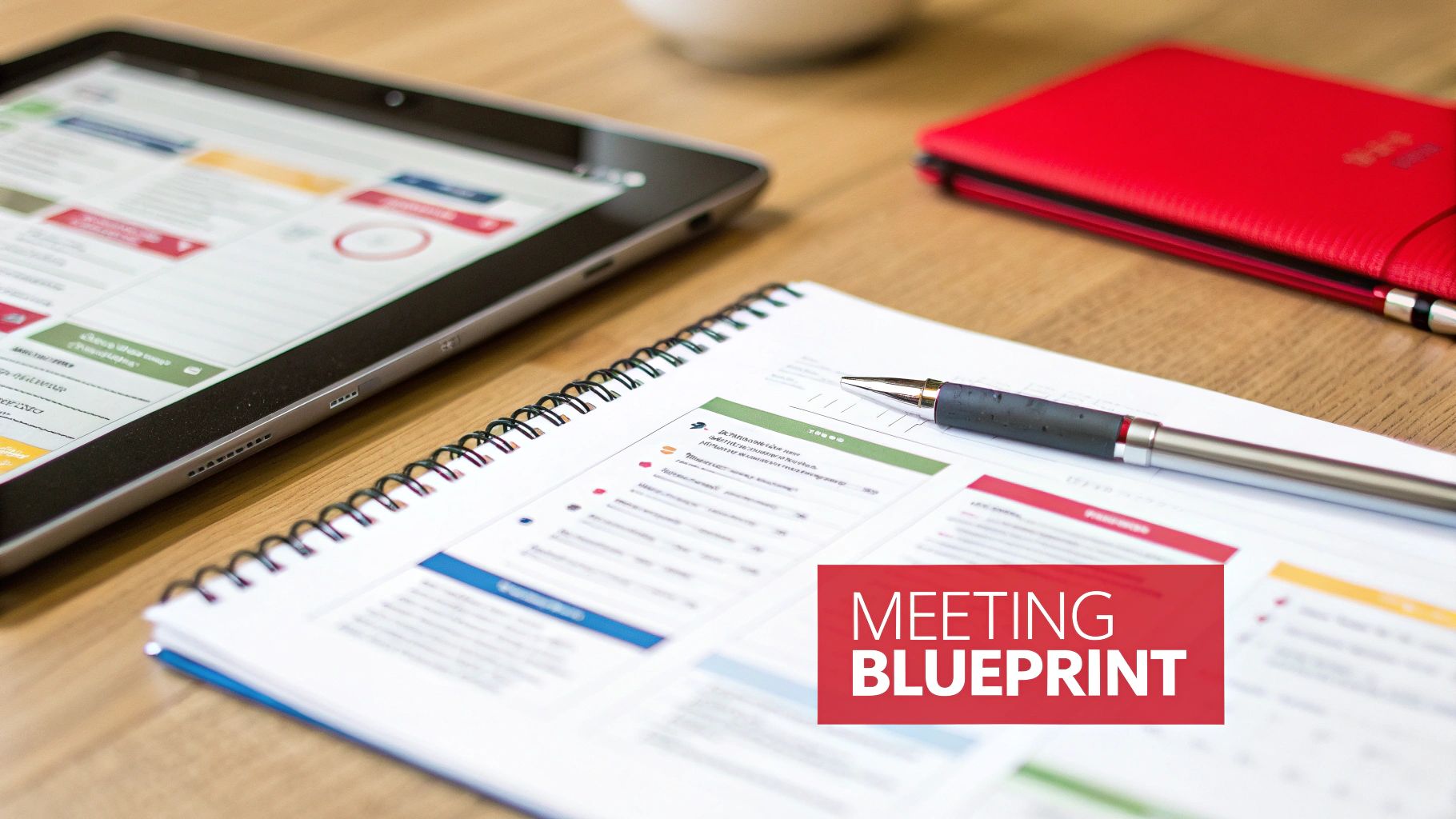 A desk setup with a tablet, notebook, and pen for effective meeting preparation.