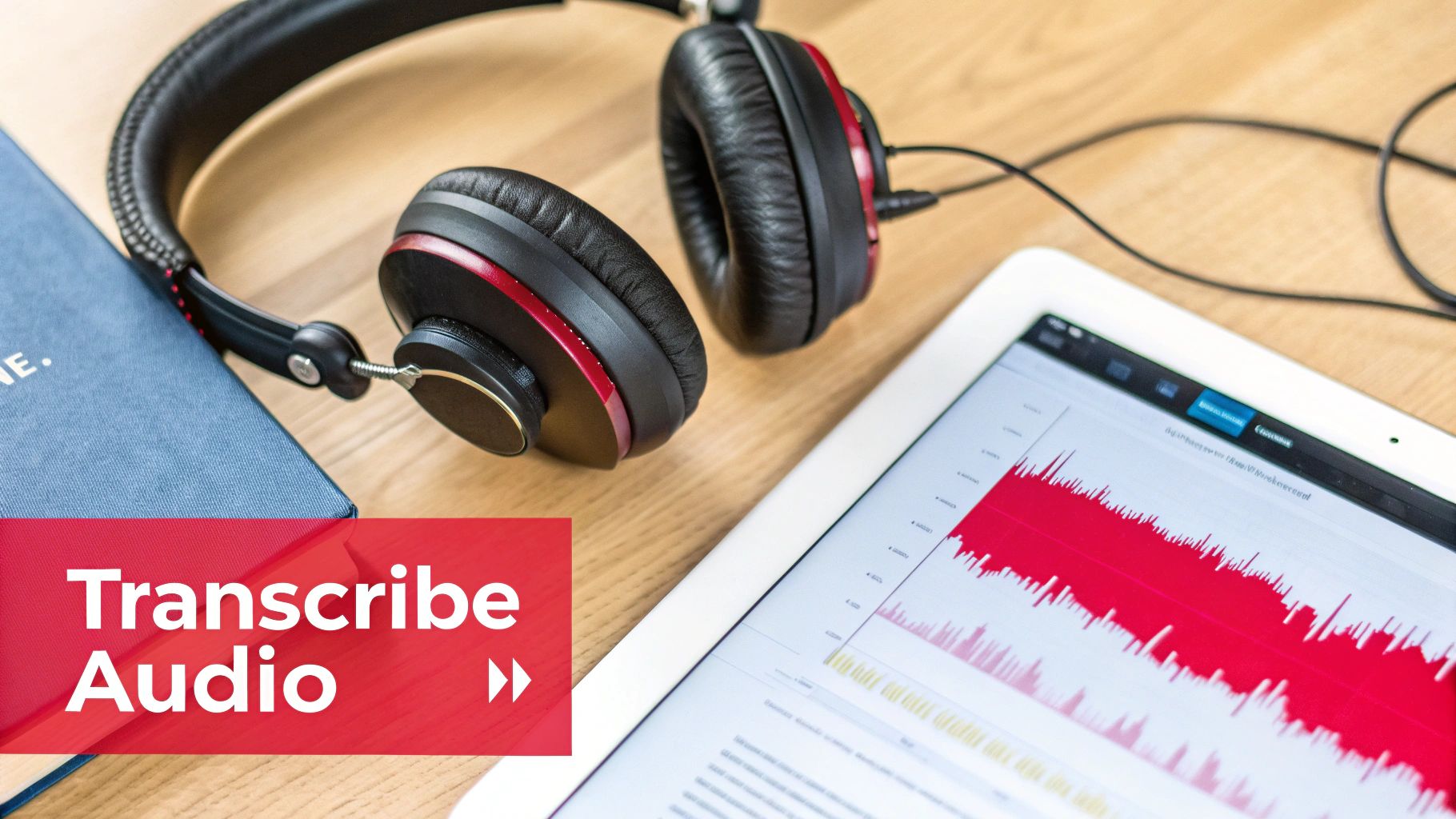 Overhead shot of headphones, a blue book, and a tablet displaying an audio waveform for transcription.