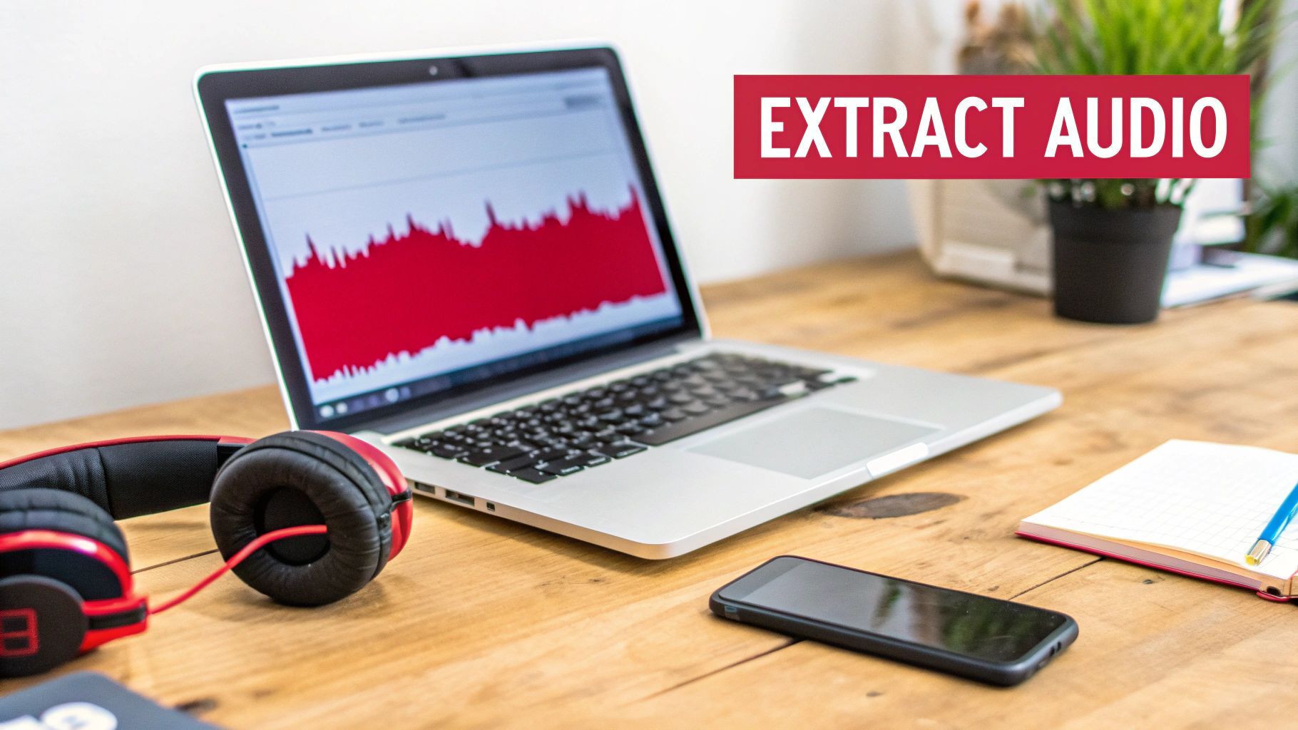 A laptop showing an audio waveform, with red headphones and a smartphone on a wooden desk. Text: EXTRACT AUDIO.