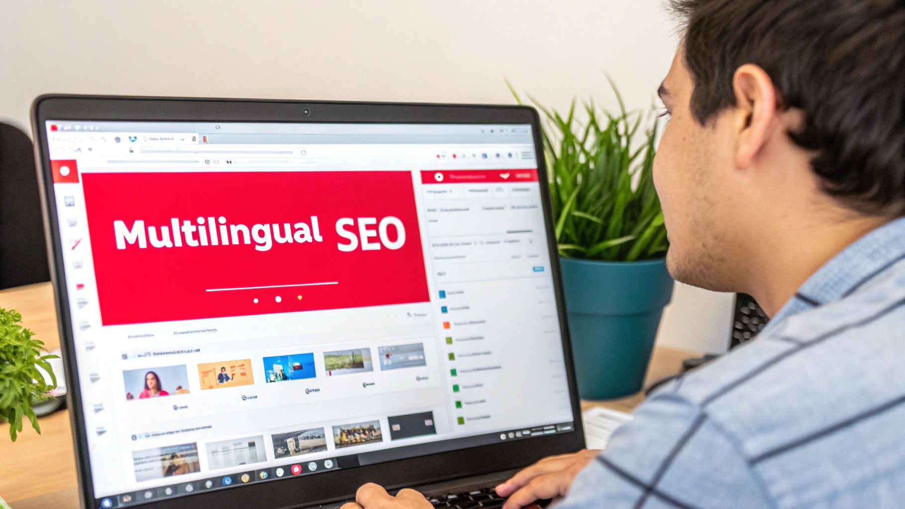 A person works on a laptop displaying a presentation slide titled 'Multilingual SEO'.