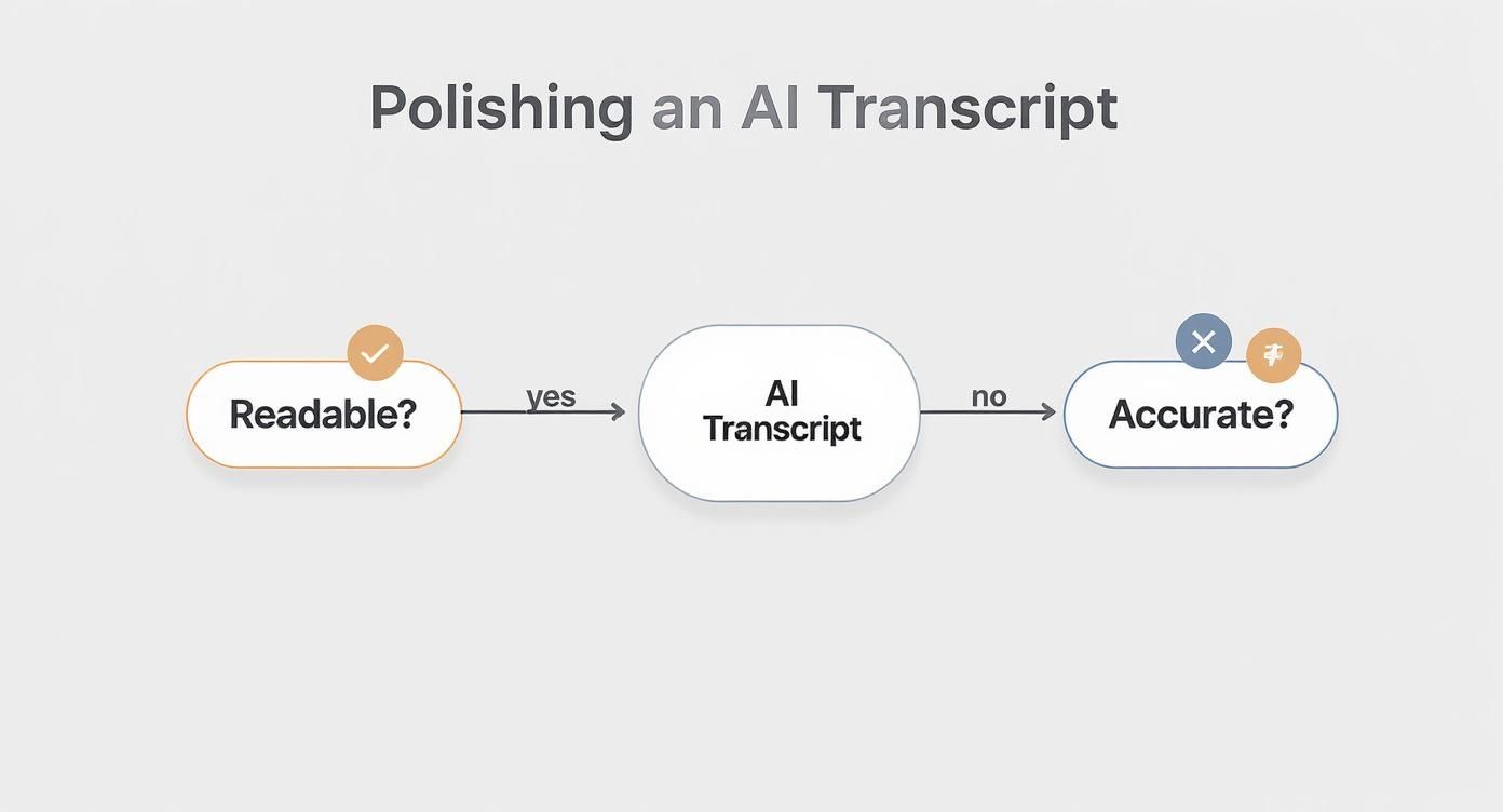Flowchart showing AI transcript polishing process from readable to accurate stages with decision points