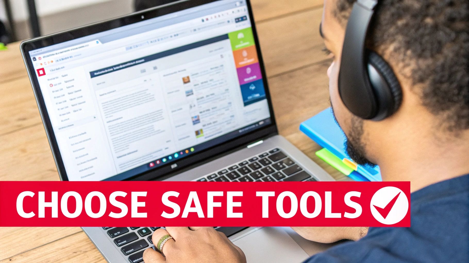 A person wearing headphones works on a laptop, with a banner stating 'Choose Safe Tools'.