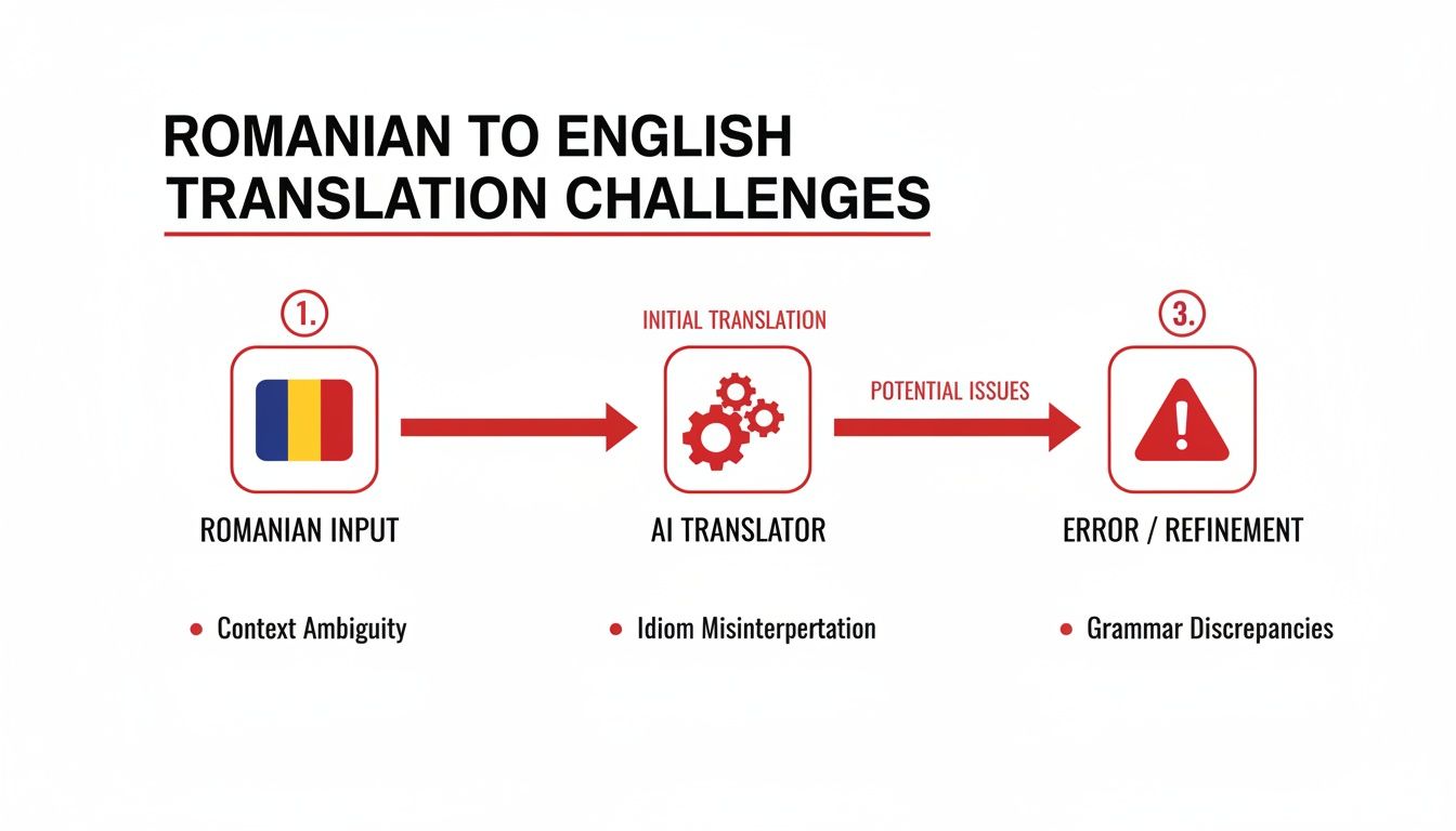 Flowchart detailing Romanian to English AI translation challenges: context ambiguity, idiom misinterpretation, and grammar discrepancies.