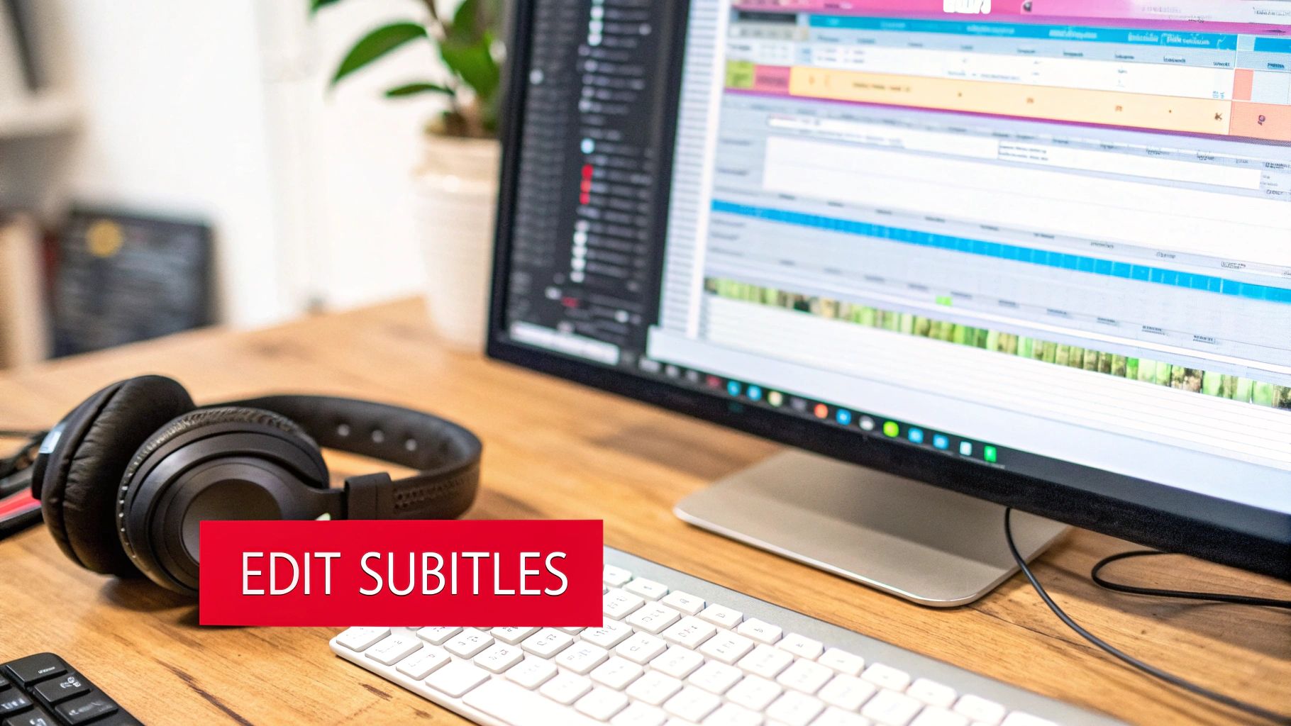 Close-up of a desk with headphones, keyboard, and a computer screen displaying subtitle editing software, featuring 'EDIT SUBTITLES' text.