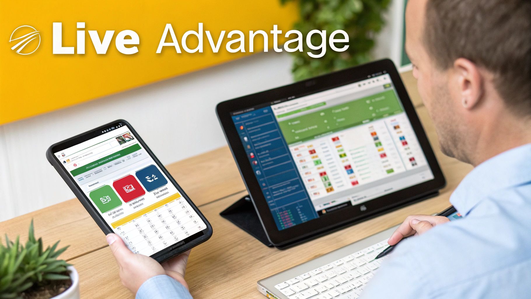 Person viewing business data on a tablet and smartphone, highlighting mobile access and digital advantage.