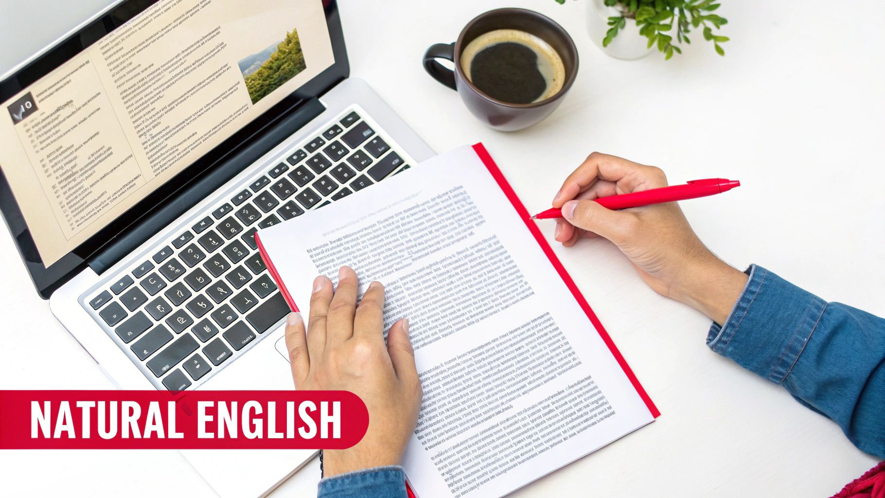 A person's hands are writing on a document with a red pen next to a laptop and coffee. 'Natural English' text is visible.