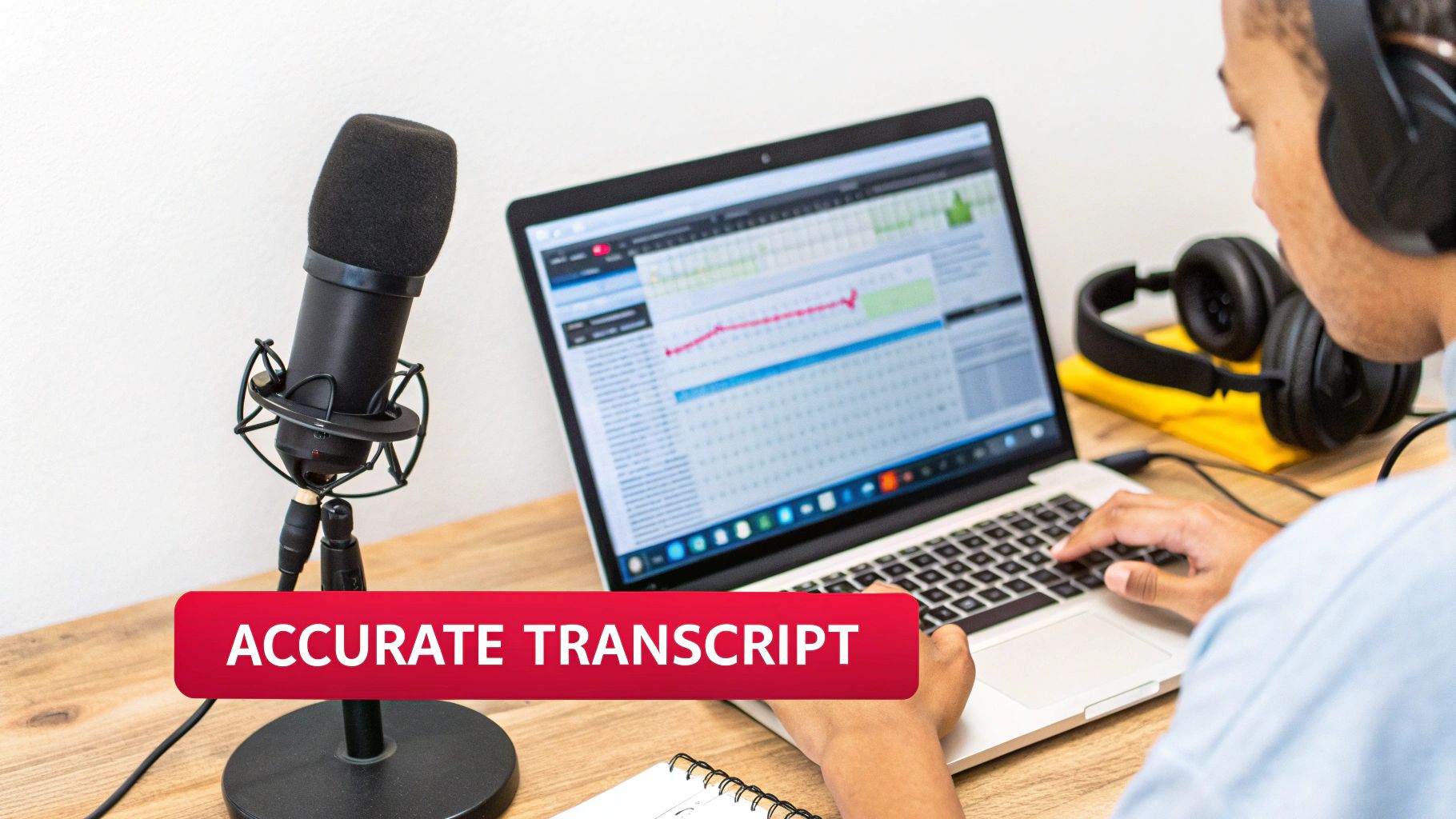 A person with headphones and microphone working on a laptop for accurate audio transcription.