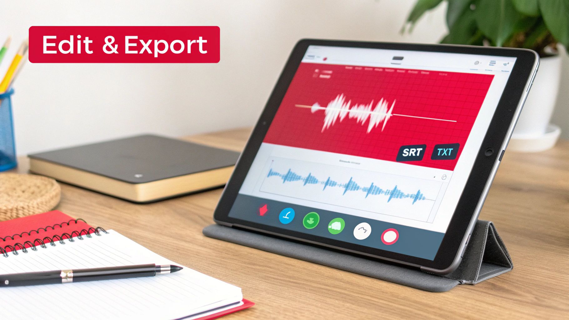 A tablet displaying an audio waveform editor with 'Edit & Export' on a desk with a notebook and pen.
