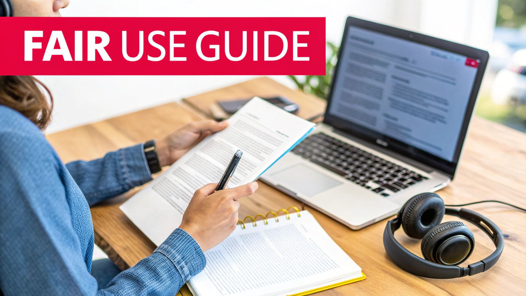 Person reviewing a 'Fair Use Guide' document, with a laptop, notebook, and headphones on a wooden desk.