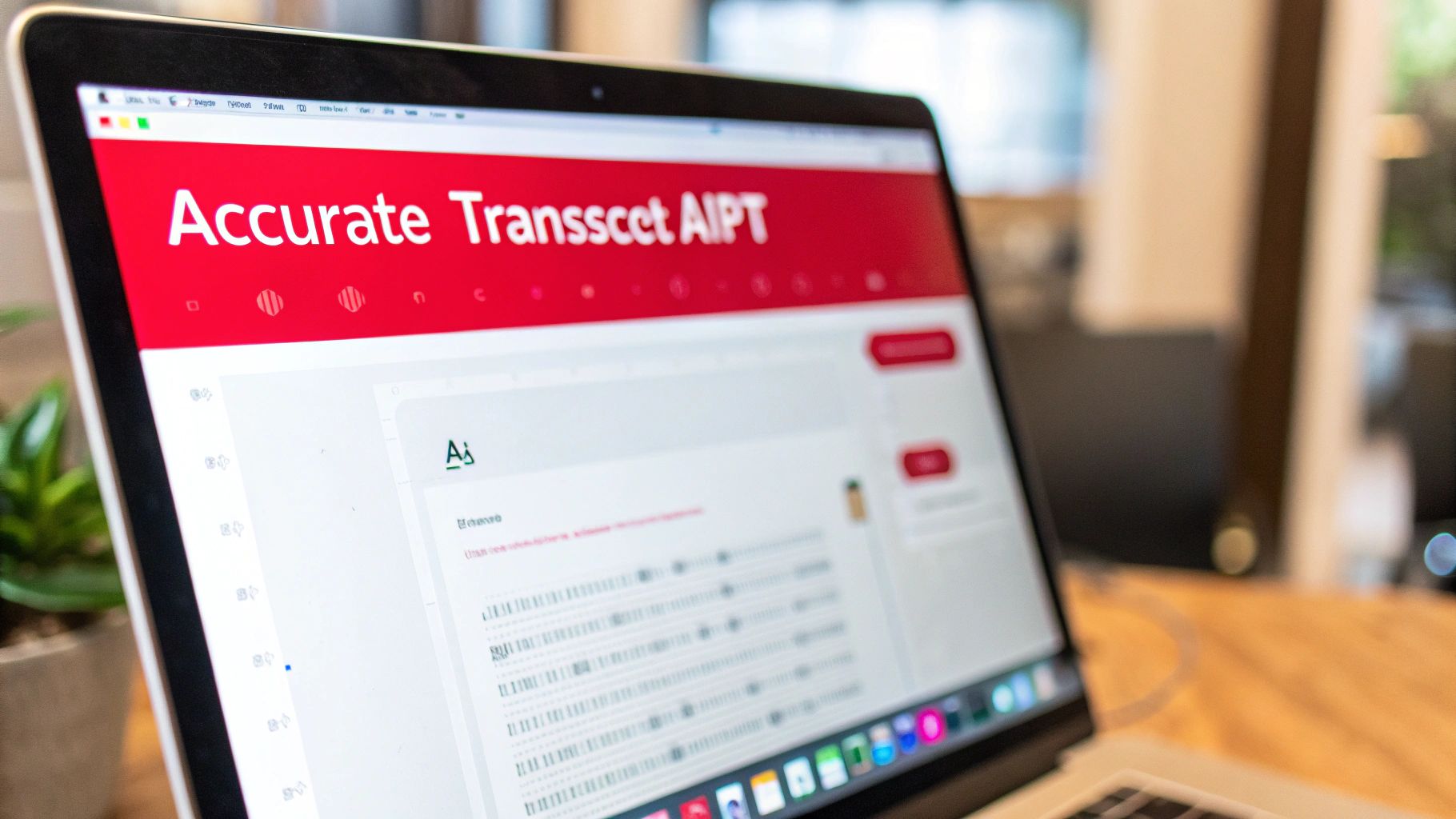 A close-up of a laptop screen displaying the 'Accurate Transscet AIPT' transcription service application.