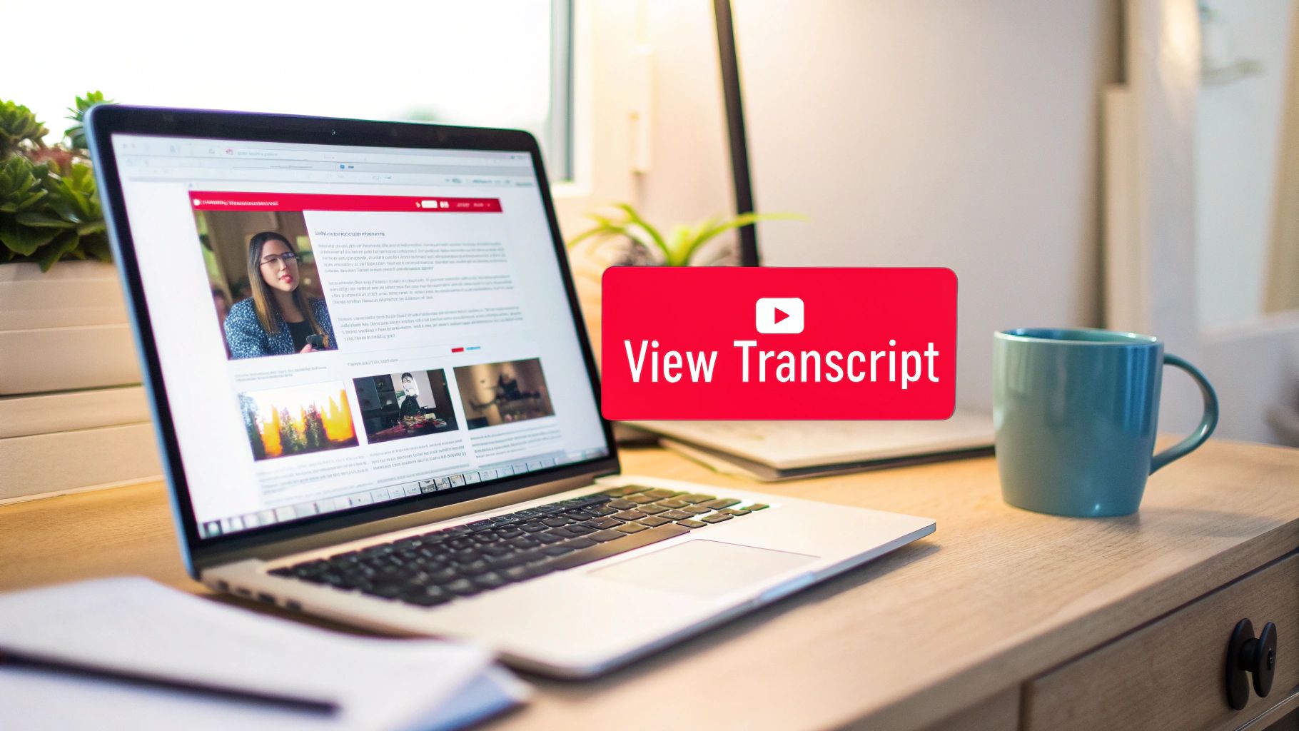 A laptop on a wooden desk displays a webpage, with a 'View Transcript' Youtube banner and a teal mug.