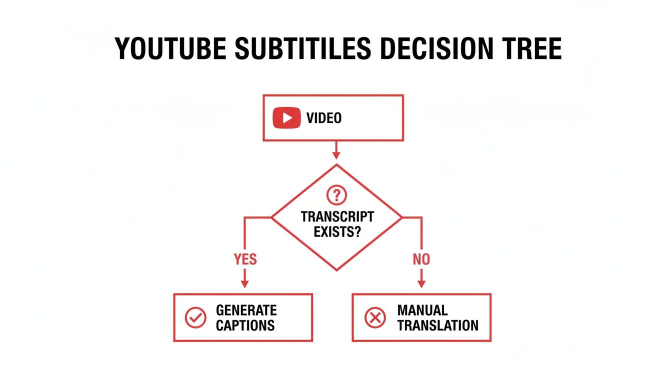 Flowchart illustrating the Youtube subtitles decision tree: video, transcript existence, generate captions, or manual translation.