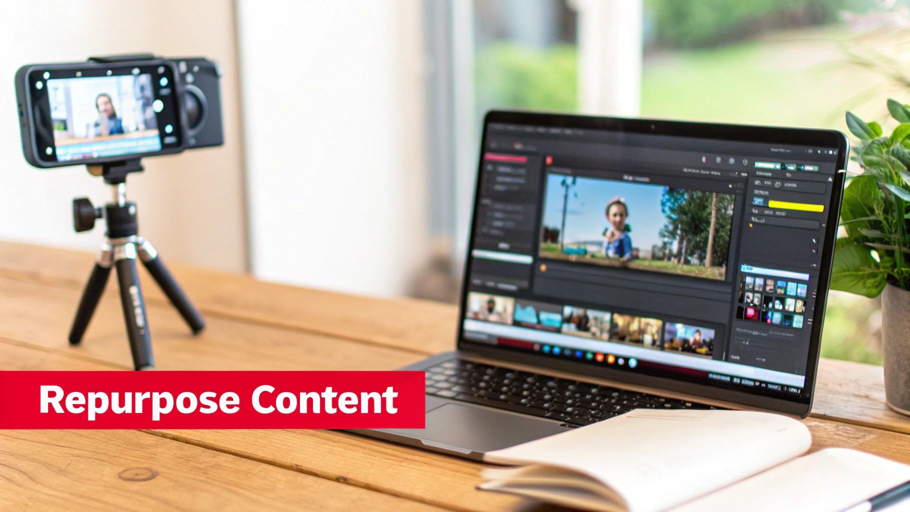 A smartphone recording on a tripod next to a laptop editing video content, suggesting content repurposing.