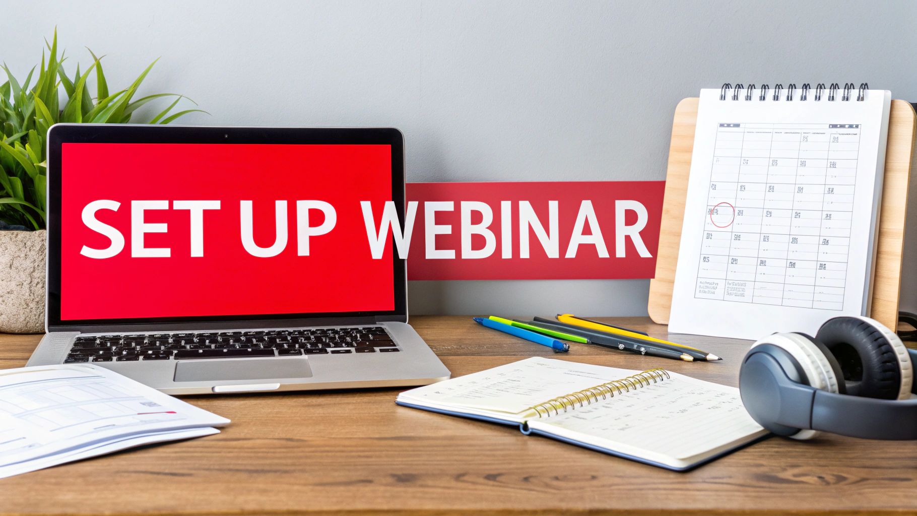 A laptop shows 'SET UP WEBINAR' with a calendar, notebook, and headphones on a wooden desk.