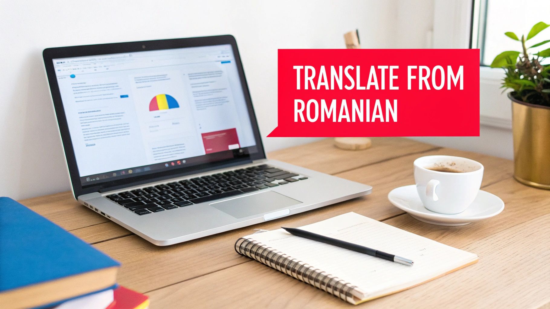 A desk setup with a laptop showing charts, a notebook, coffee, and a "TRANSLATE FROM ROMANIAN" banner.