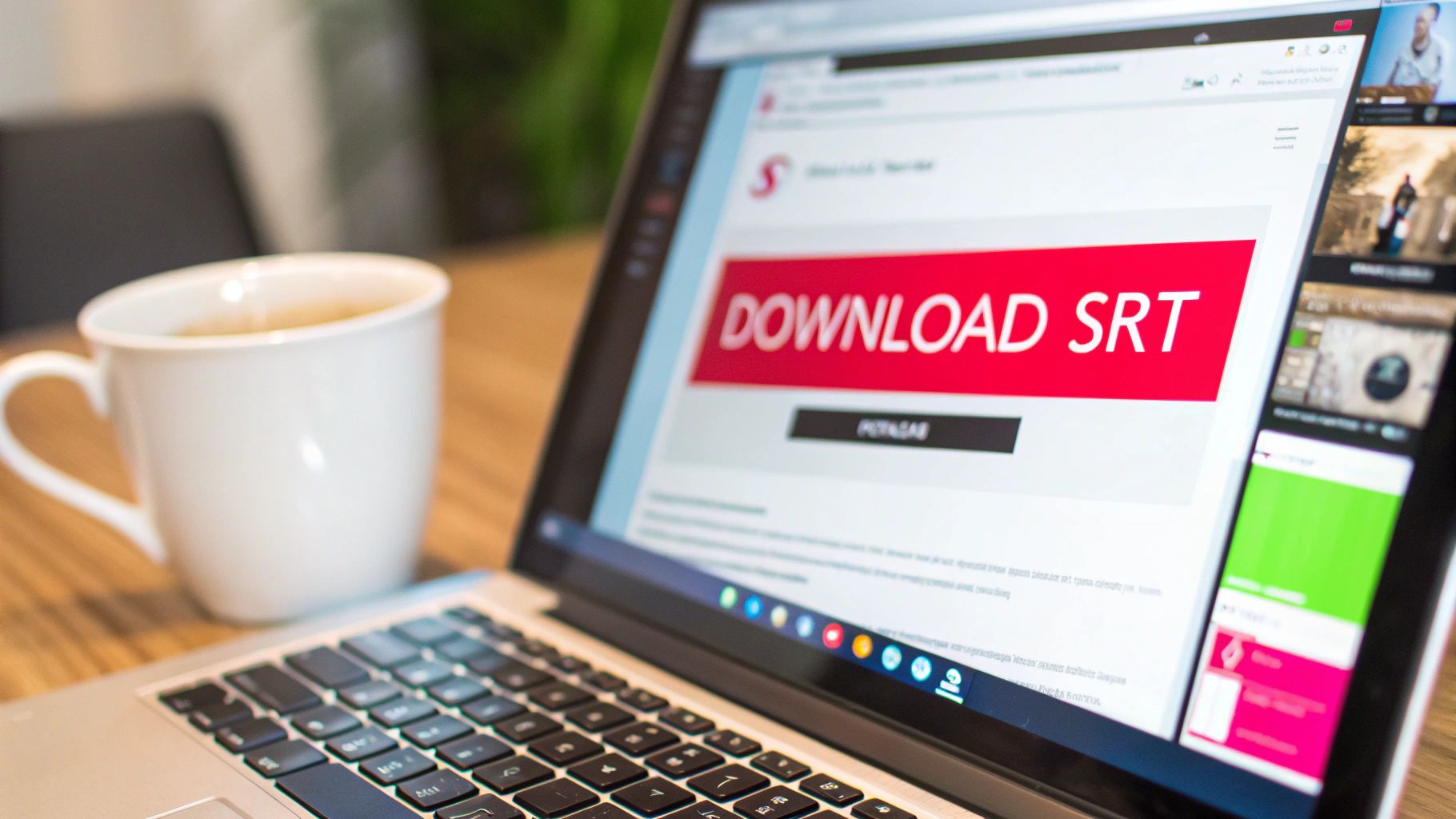 A laptop screen displays a red 'DOWNLOAD SRT' button on a webpage next to a white coffee mug.