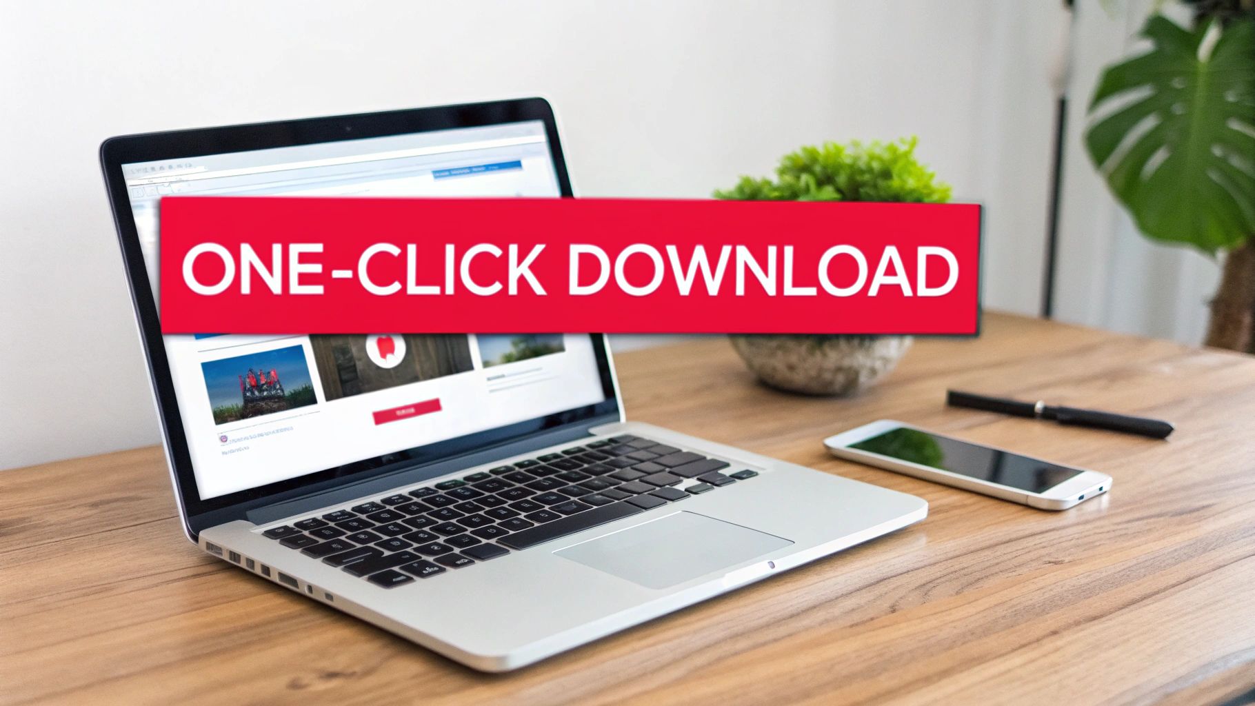 A laptop displaying a webpage with a large red 'ONE-CLICK DOWNLOAD' banner across the screen.