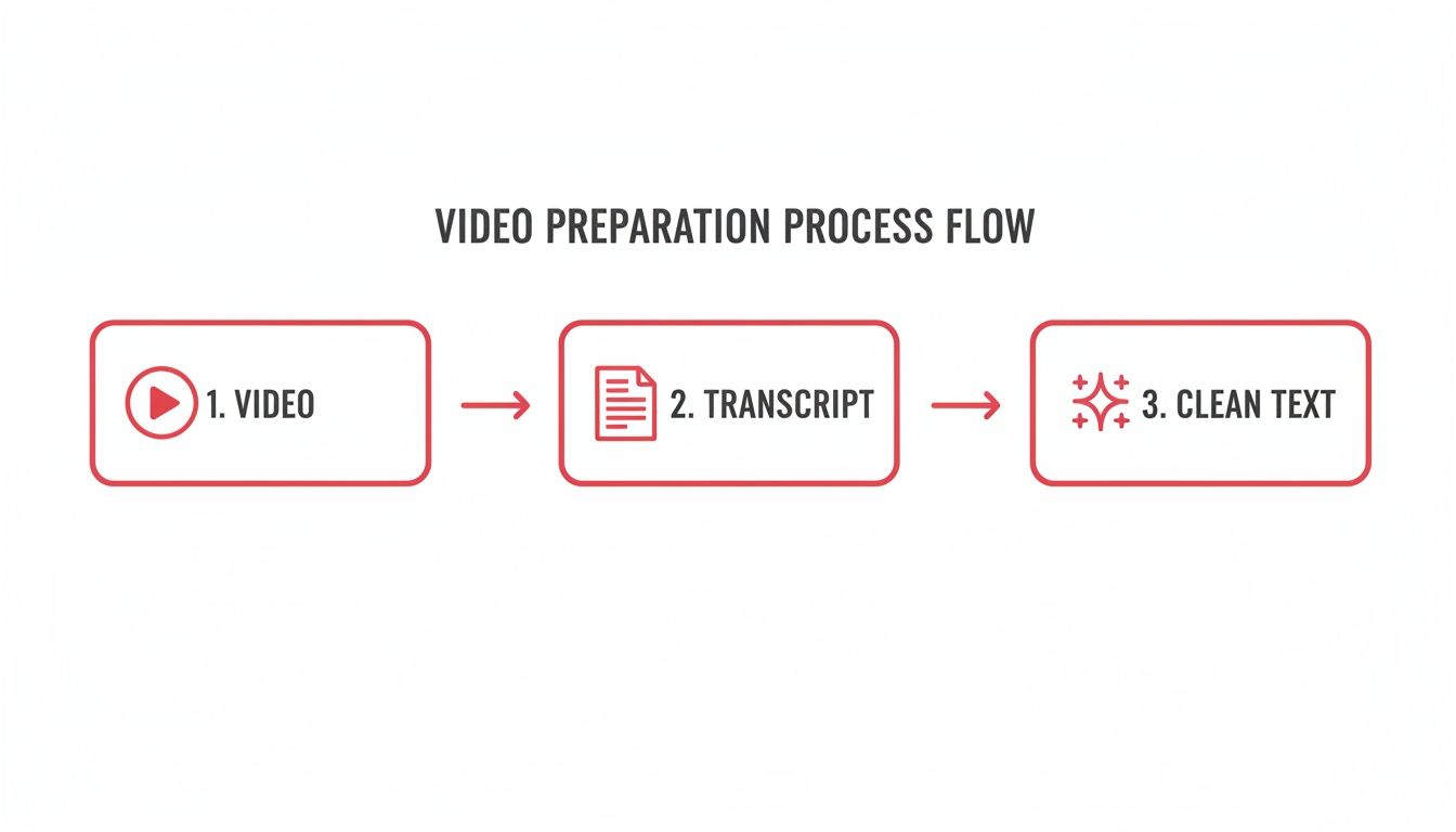 A flowchart illustrates the video preparation process: video, transcript, and clean text steps.