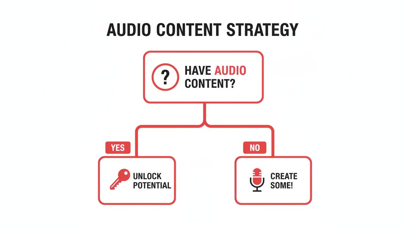 Flowchart outlining an audio content strategy: Have audio content? Yes, unlock potential; No, create some.
