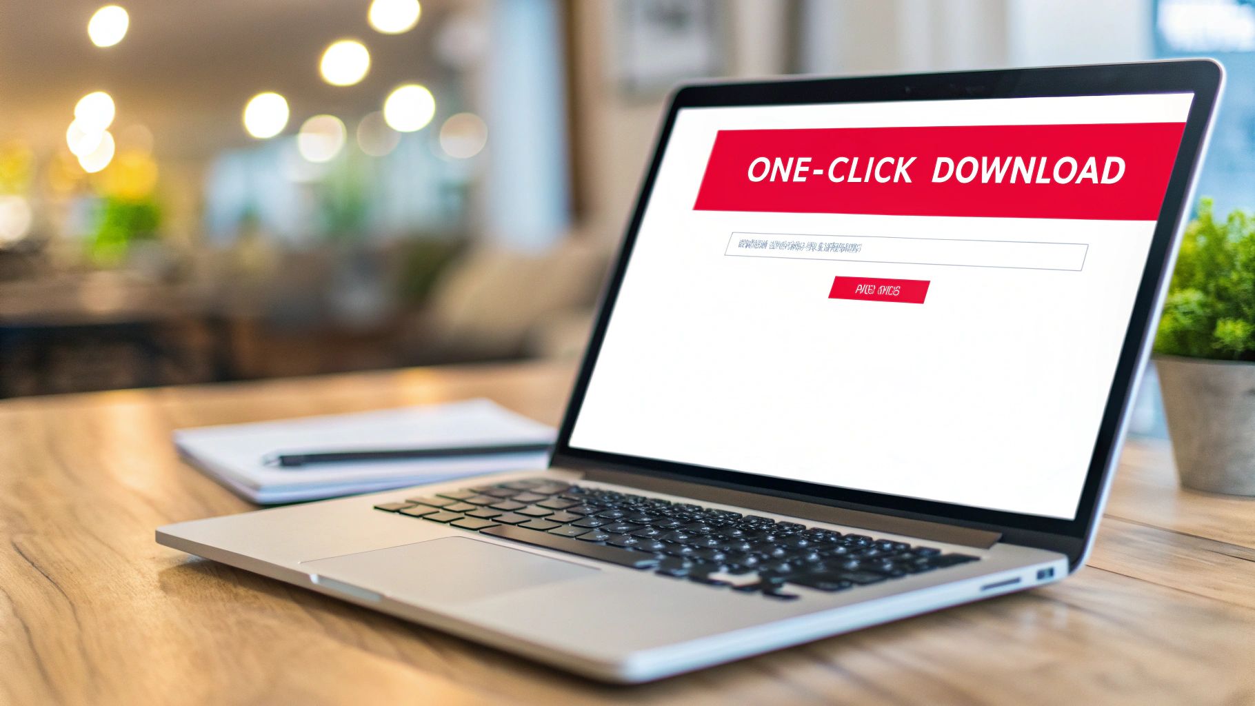 Laptop displaying one-click download interface with red button and text input field on desk