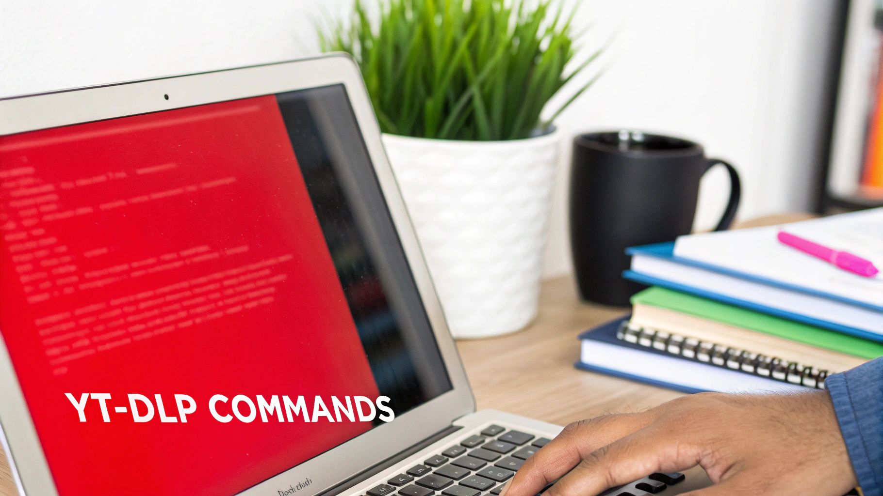 Hands typing on a laptop displaying YT-DLP commands on a red screen in a modern workspace.
