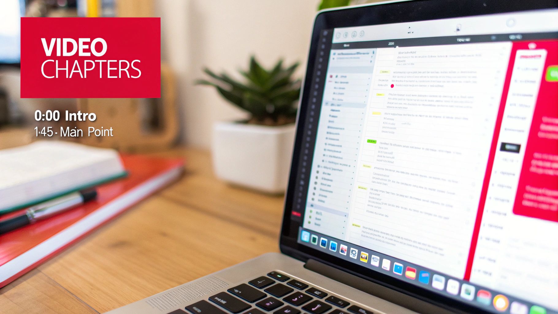 Laptop on a wooden desk with video chapter markers, notebooks, and a plant.