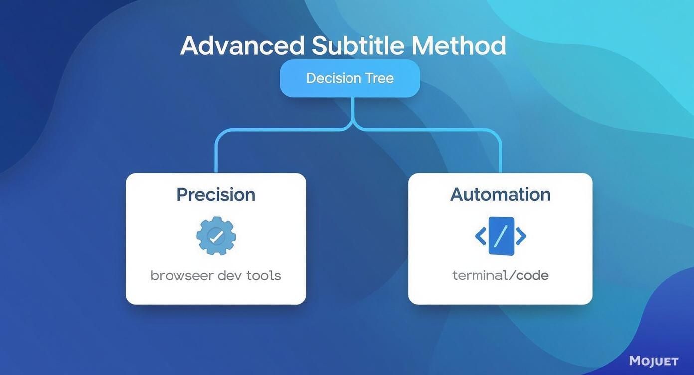 Flowchart depicting advanced subtitle methods: Precision using browser dev tools, and Automation via terminal/code.