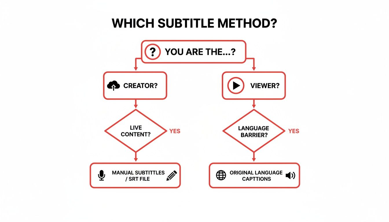 Flowchart explaining subtitle method choices for creators and viewers based on content needs.