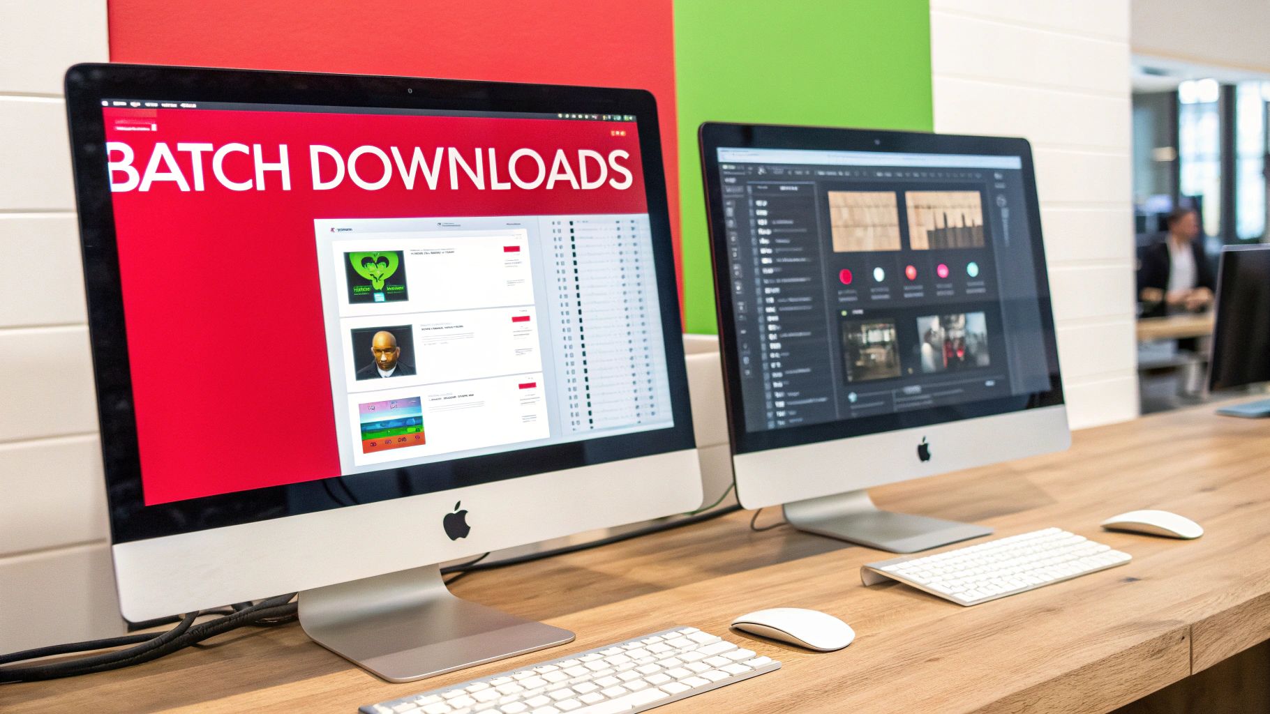Two Apple iMac computers displaying 'Batch Downloads' and a media editing interface on a wooden desk.