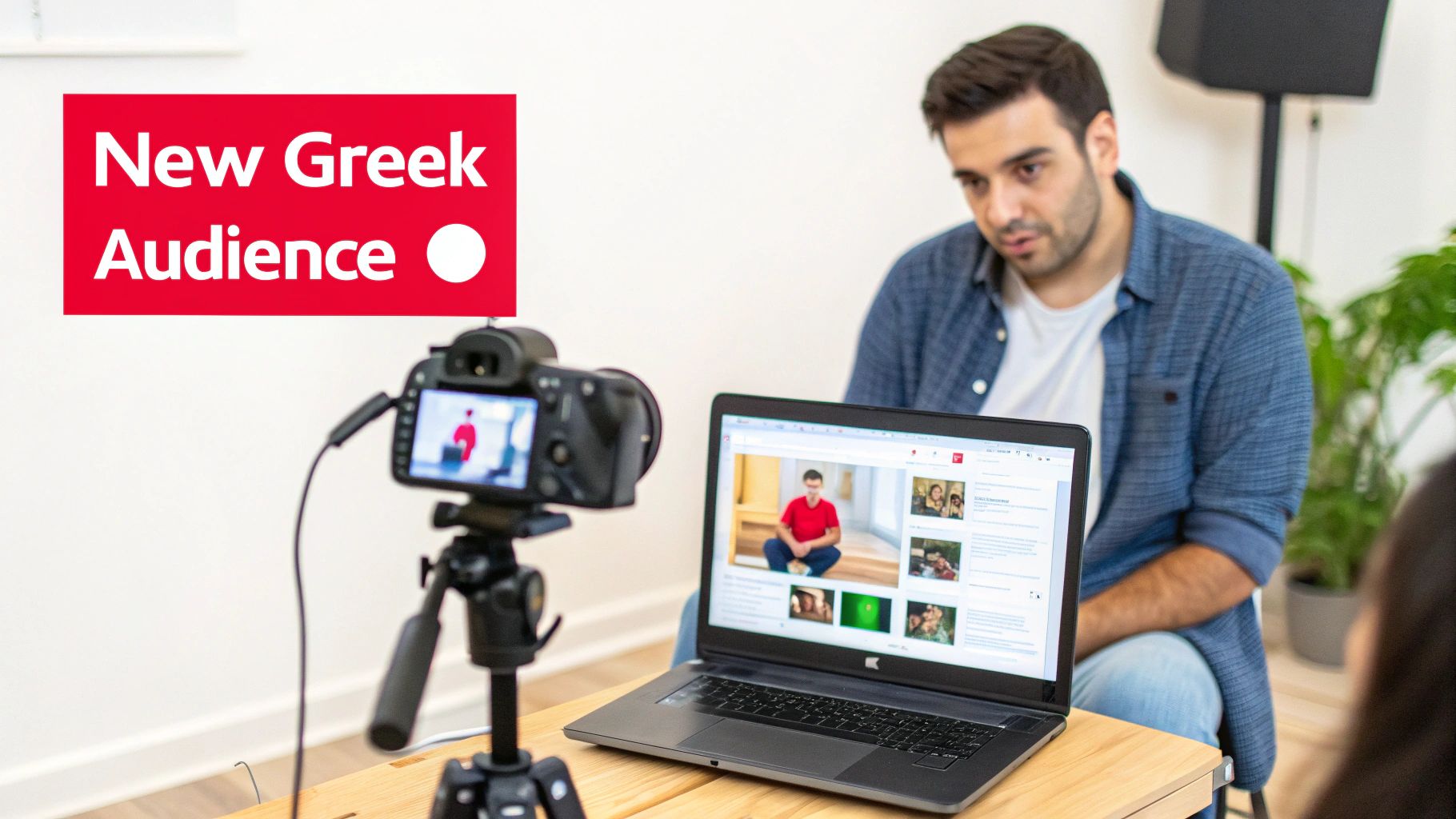 A man sets up a camera and laptop for video production, targeting a new Greek audience.